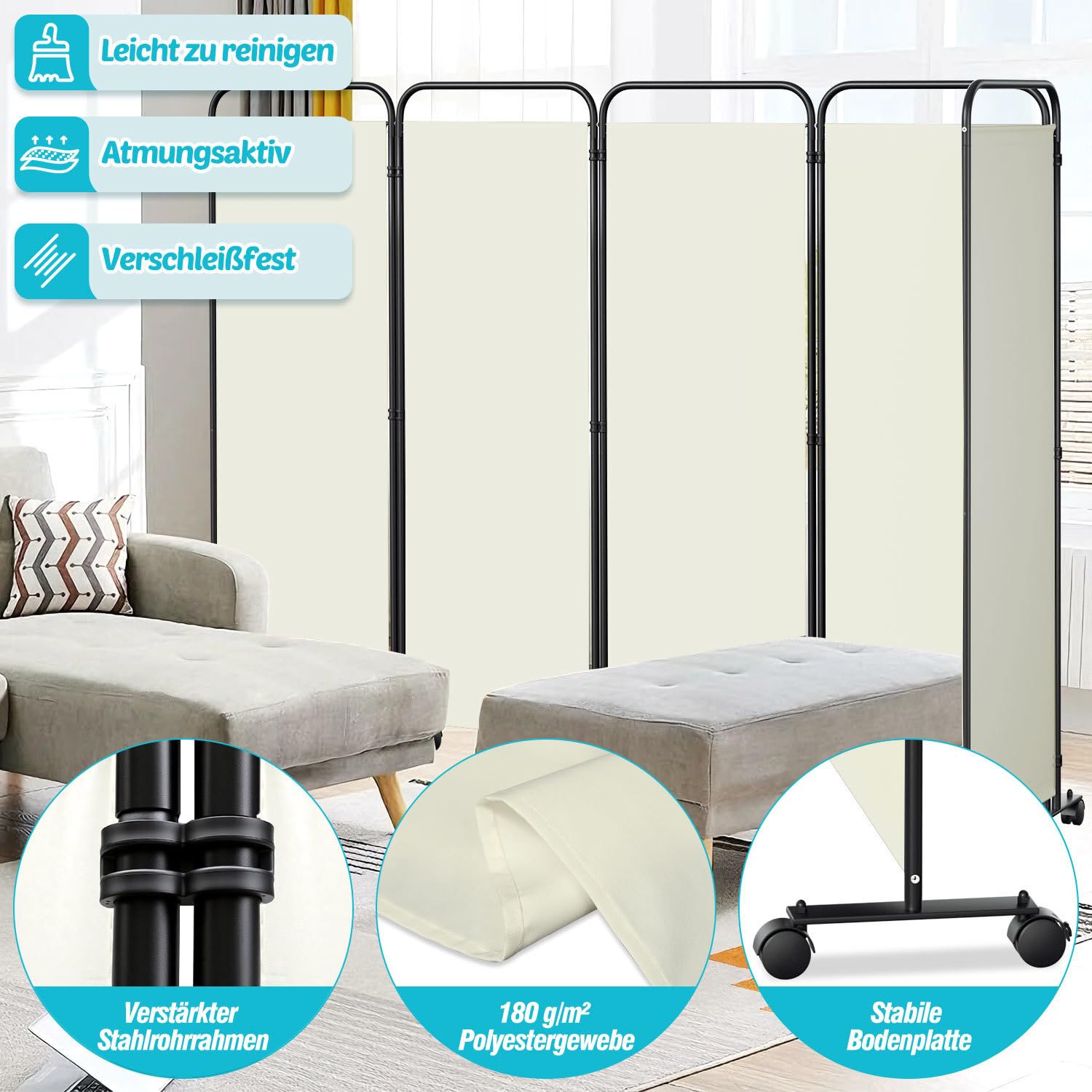 Paravent de séparation de pièce pliable sur roulettes - 5 pièces - 284 x 180 cm - Séparateur de pièce autonome pour bureau et chambre à coucher - Beige