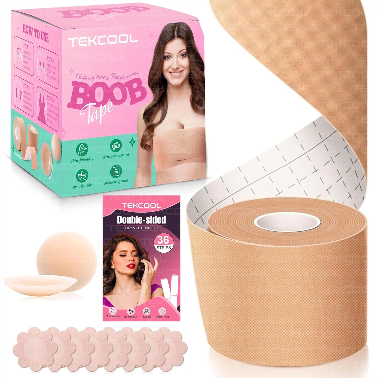 TEKCOOL Boob Tape Kit - Instant Boob Tape with 10 Nipple Pasties for Fashion with 36 Strips Double Sided Tape for Clothes &1 Pair Reusable Nipple Cover for Women (Beige)