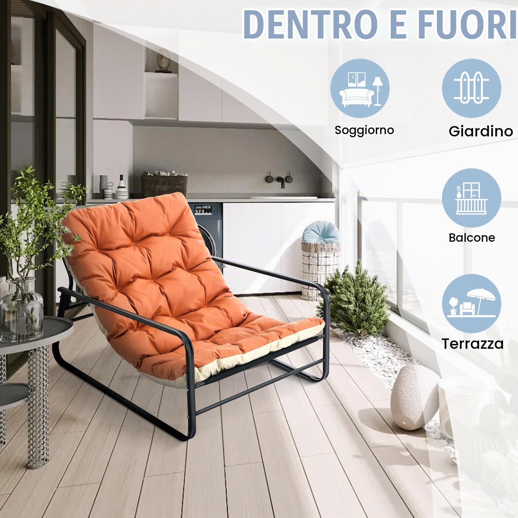 Poltrona soggiorno, sedia da giardino con cuscino girevole, giardino, sdraio, balcone, mobili in acciaio, sedia imbottita per 2 persone, sedia da giardino, per esterni, sedia relax, balcone