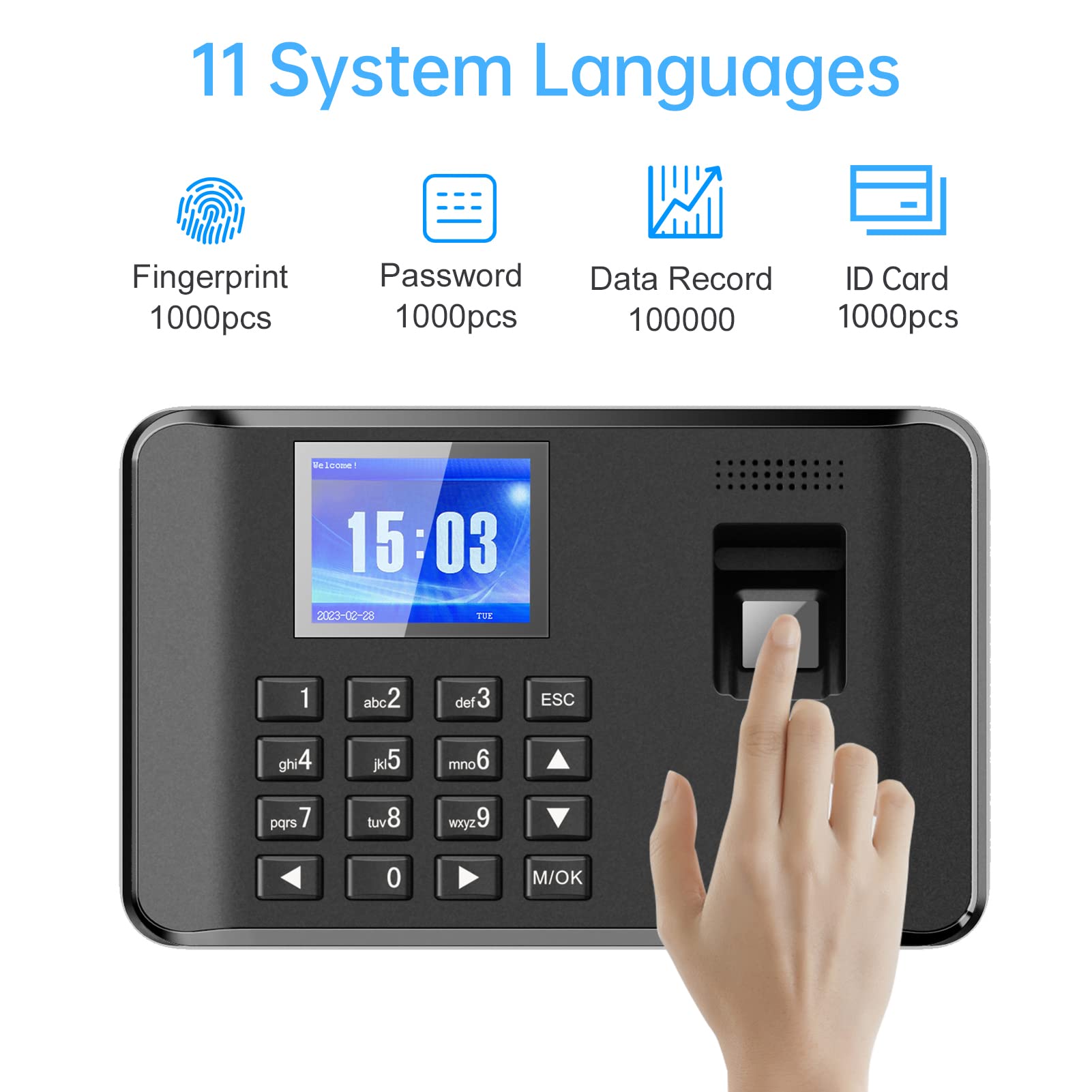 Rilevazione Presenze,Impronta digitale biometrica intelligente Macchina per la rilevazione delle presenze per il check-in dei dipendenti Schermo LCD 2,4 pollici Funzione carta d'identità
