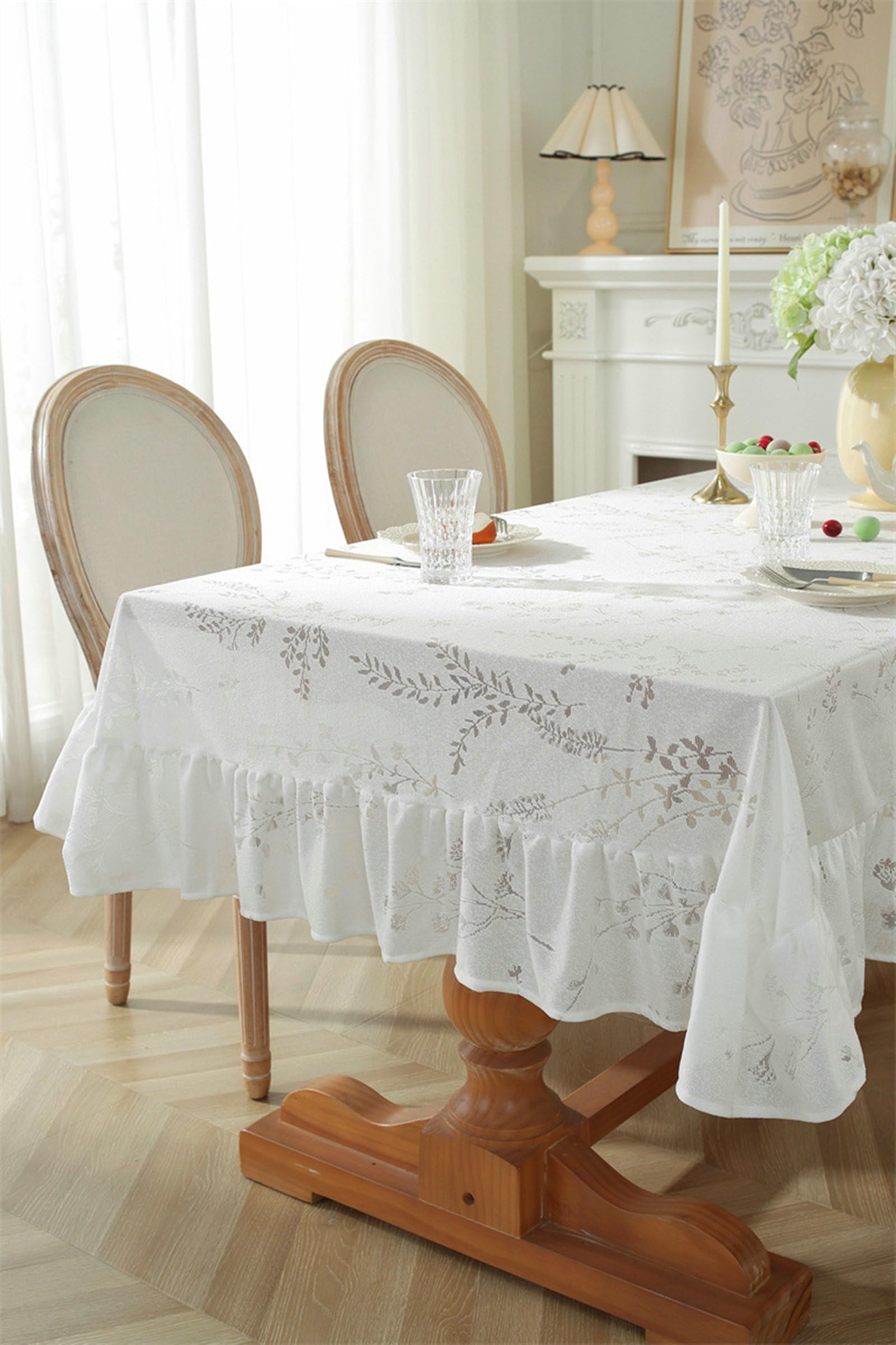 Gualiy Mantel de Mesa Rectangular Poliester, Mantel de Mesa 140 x 300 cm Manteles de Mesa Antimanchas Hojas Estampadas con Borde Ondulado Mantel para Mesa Comedor, Blanco
