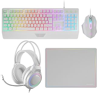 Mars Gaming MCP124PRO, Combo Gaming 4en1, Teclado RGB H-Mech con Reposamuñecas, Ratón RGB 3200DPI y Switches HUANO, Auriculares FRGB, Alfombrilla Nanotextil 36x26cm, Multiplataforma, Español, Blanco
