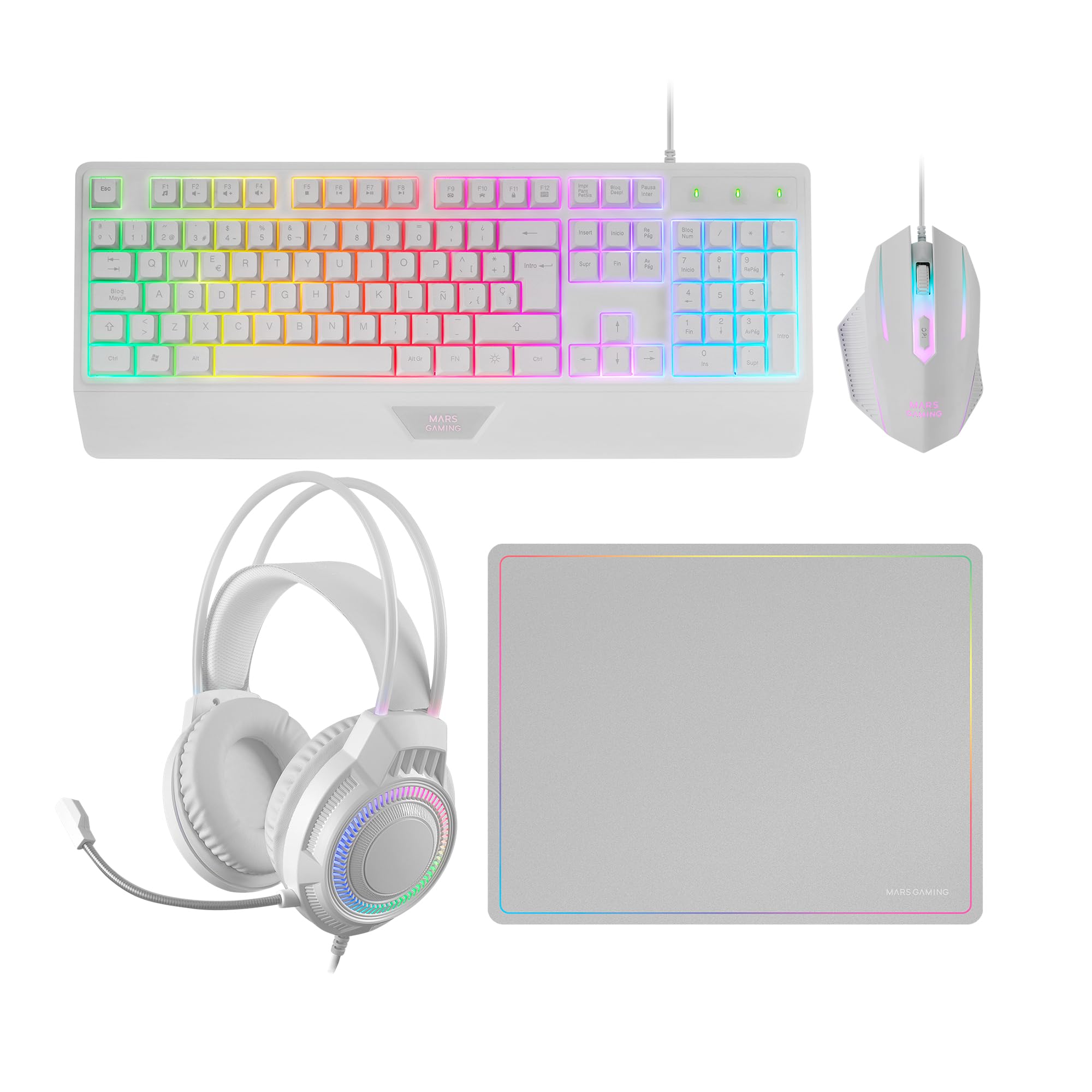 Mars Gaming MCP124PRO, Portuguese, 4in1 Gaming Combo, H-Mech RGB Keyboard with Wrist Rest, RGB 3200DPI Mouse and HUANO Switches, FRGB Headphones, Nanotextile Mat 36x26cm, Multiplatform, White