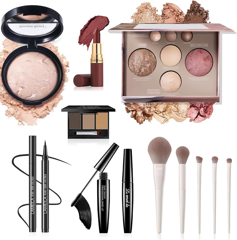 All-In-One Beginner Makeup Kit for Women - 7-Shade Baked Powder Palette, Brow Powder, Setting Powder, Matte Lipstick, Eyeliner, Mascara & 5 Brushes - Full Face Makeup Set for Daily Wear & Travel