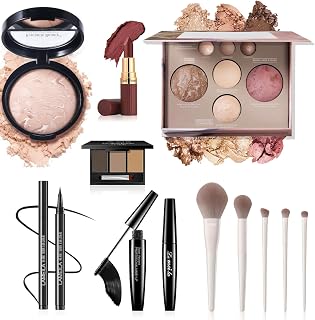 All-In-One Beginner Makeup Kit for Women - 7-Shade Baked Powder Palette, Brow Powder, Setting Powder, Matte Lipstick, Eyeliner, Mascara & 5 Brushes - Full Face Makeup Set for Daily Wear & Travel