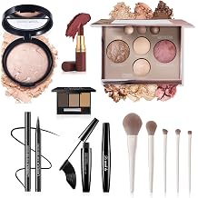 All-In-One Beginner Makeup Kit for Women - 7-Shade Baked Powder Palette, Brow Powder, Setting Powder, Matte Lipstick, Eyeliner, Mascara &amp; 5 Brushes - Full Face Makeup Set for Daily Wear &amp; Travel