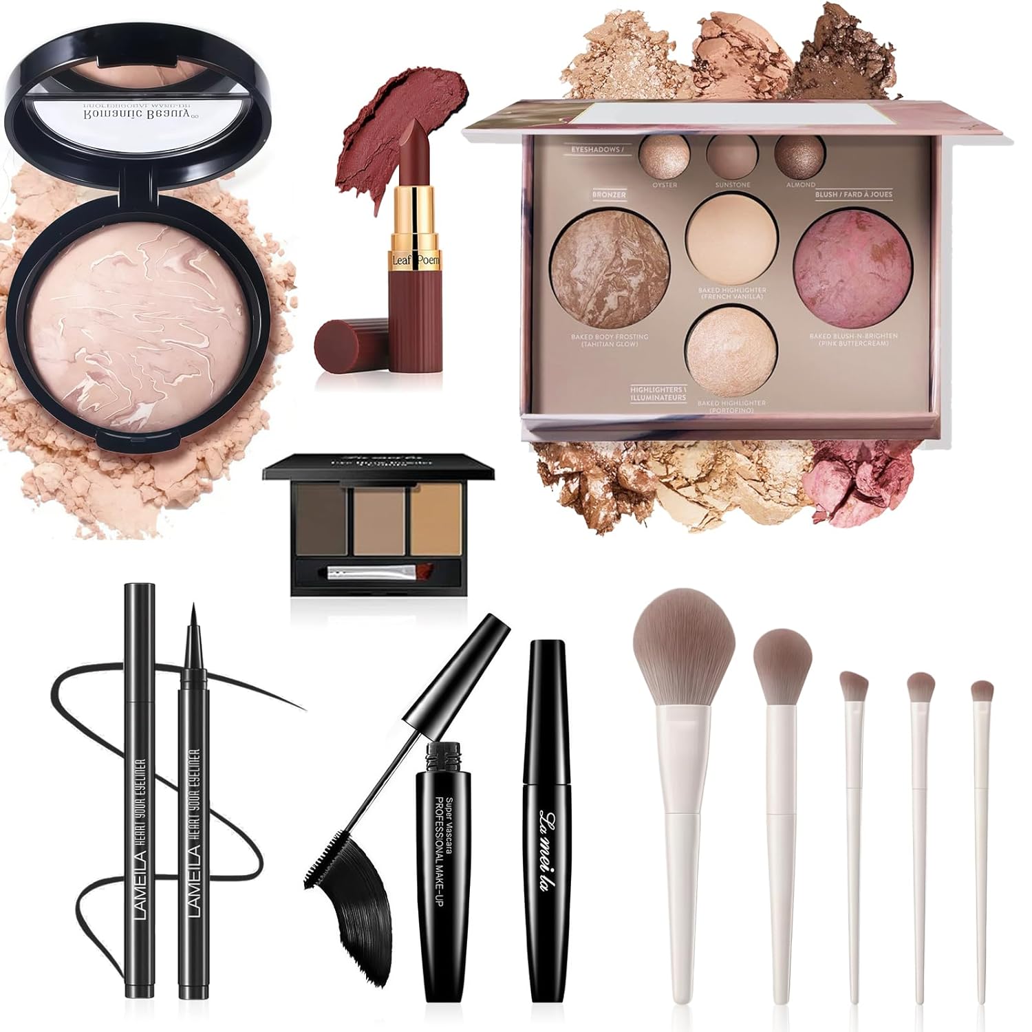 All-In-One Beginner Makeup Kit for Women - 7-Shade Baked Powder Palette, Brow Powder, Setting Powder, Matte Lipstick, Eyeliner, Mascara & 5 Brushes - Full Face Makeup Set for Daily Wear & Travel