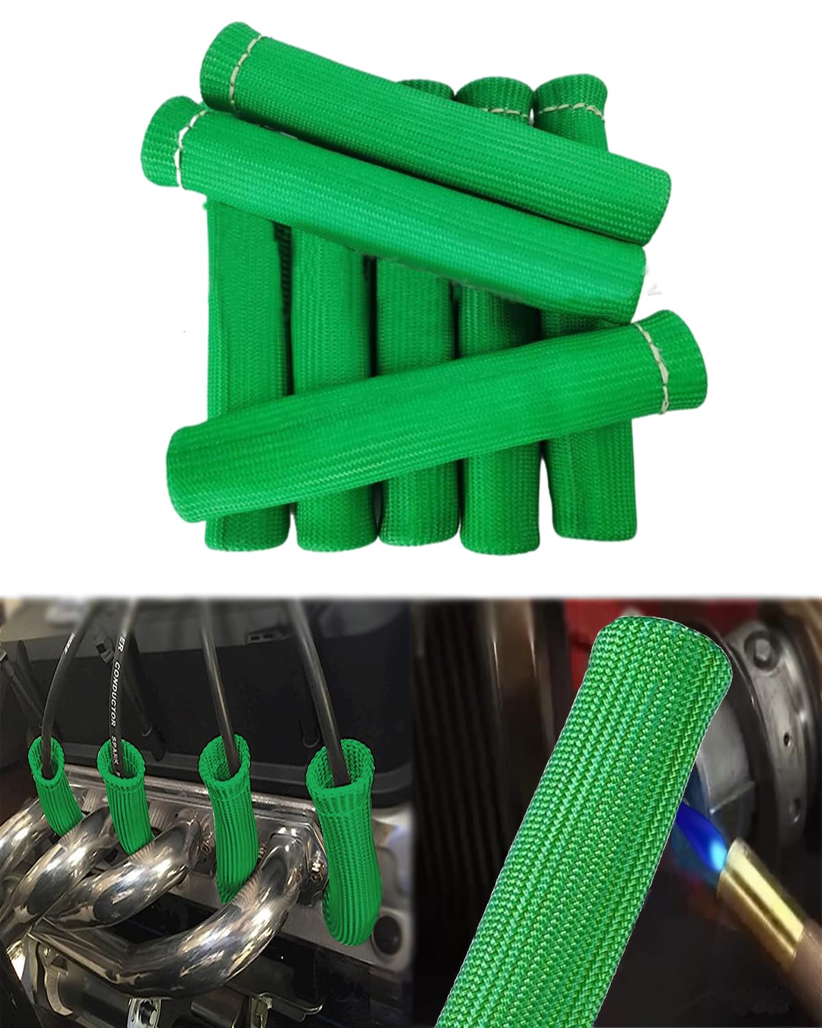 8 PCS 2500° Spark Plug Wire Boots Protector, 6 Inch Green Spark Plug Heat Shield Sleeve Replacement for LS1 LS2 SBC BBC 350 454 Engines, Thermal Protection Cover for Car Truck Engine Bay Dress Up
