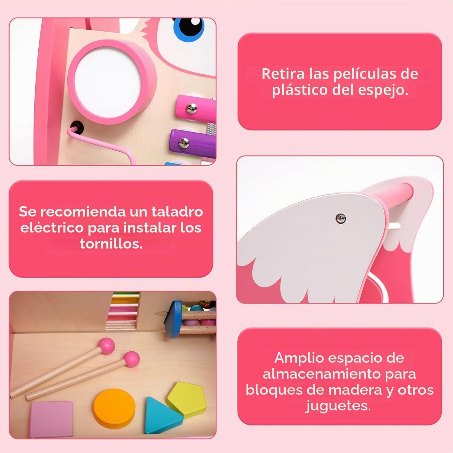 Andador Madera bebe con Características Montessori Multifuncionales Tacata bebe con Xilófono, Instrumentos Musicales y Clasificador de Formas.Correpasillos bebe 6-12 meses (Rosa).