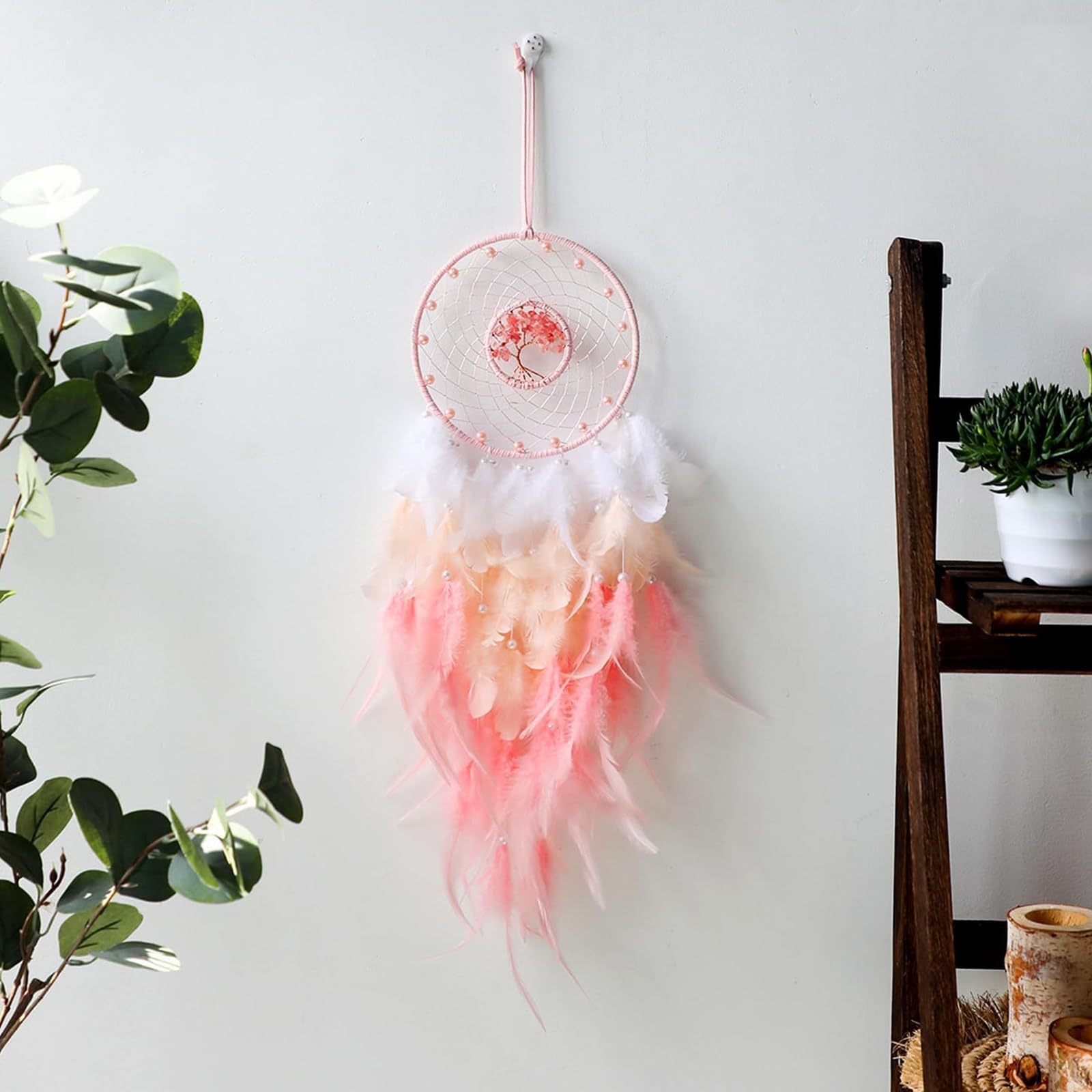 Attrape-rêves, rose, macramé, cristaux, anneaux en métal, résistants aux UV, extérieur, enfants, voiture, cadeau de mariage, bohème, bricolage, décoration rose, chambre d'enfant, salon