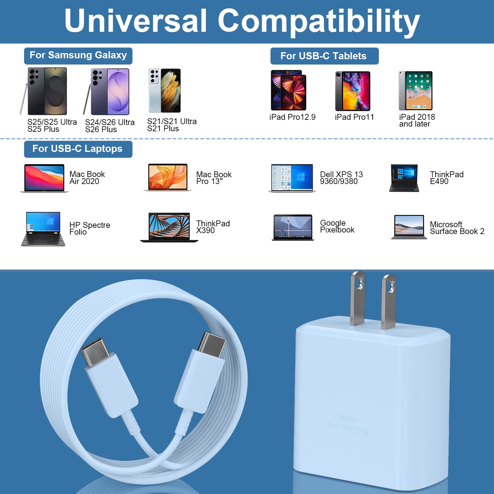 Caricatore Android da 45 W, ricarica rapida, USB-C super veloce USB C con cavo da 3 m per Samsung Galaxy S24 Ultra/S24/S24+/S23 Ultra/S23/S23+/S22 Ultra/S22/S21/S20/Note 10/20, blu