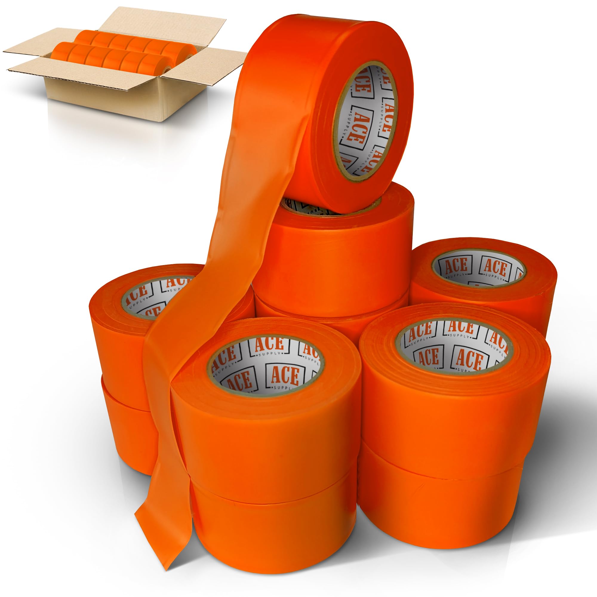 ACE Supply Orange Flagging Tape 24 Pack - Non-Adhesive Survey Tape - 1.5 Inch Width, 150 Ft Length, 2 Mil - Tree Marking Ribbon, Surveyors Ribbon