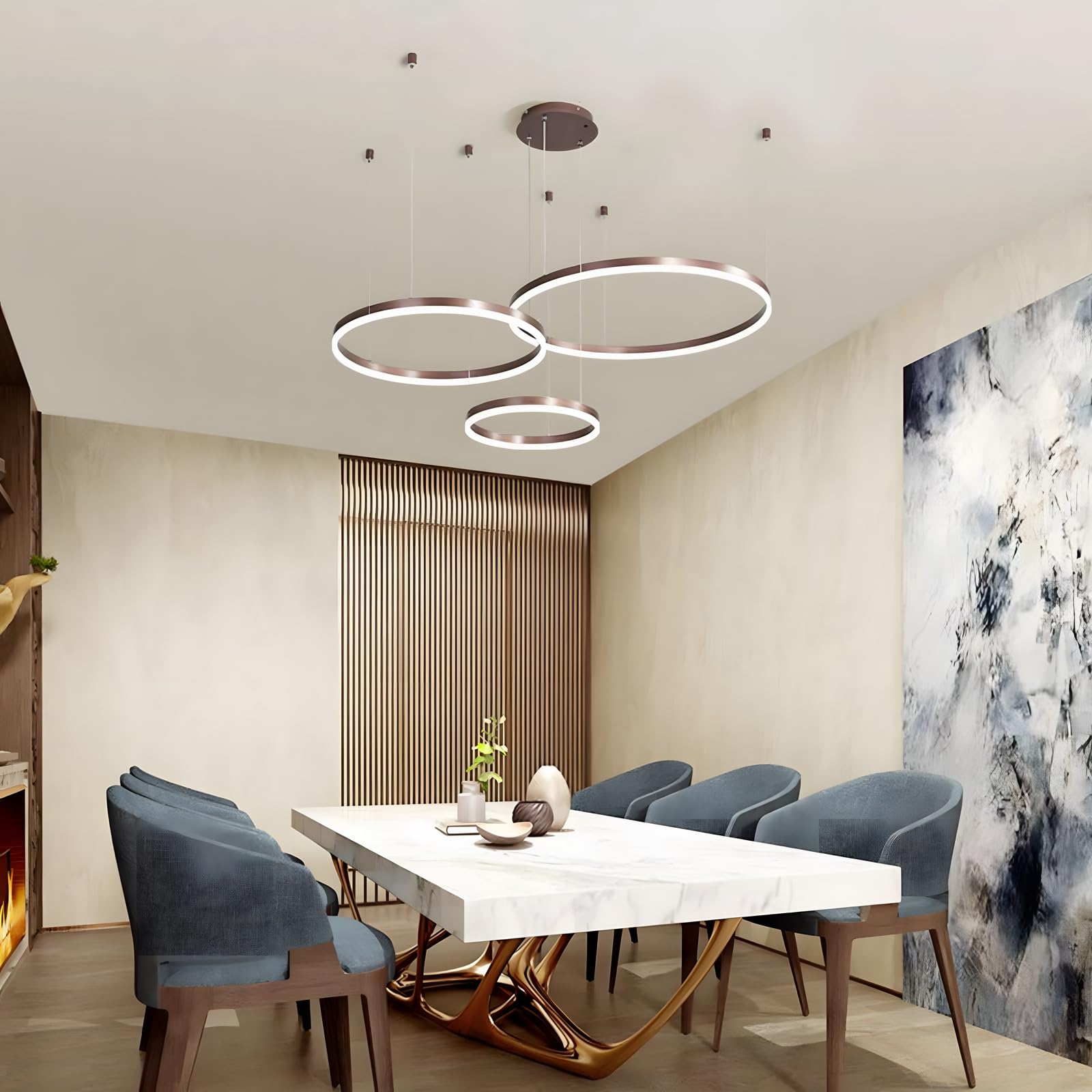Lustre LED en Métal | 3 Cercles 40+60+80cm | 90W Plafonnier Suspendu Avec Anneaux, Télécommande à Intensité Variable 3000-6000K, Abat-jour en Acrylique Salon Chambre Foyer Salle Manger【Brun】