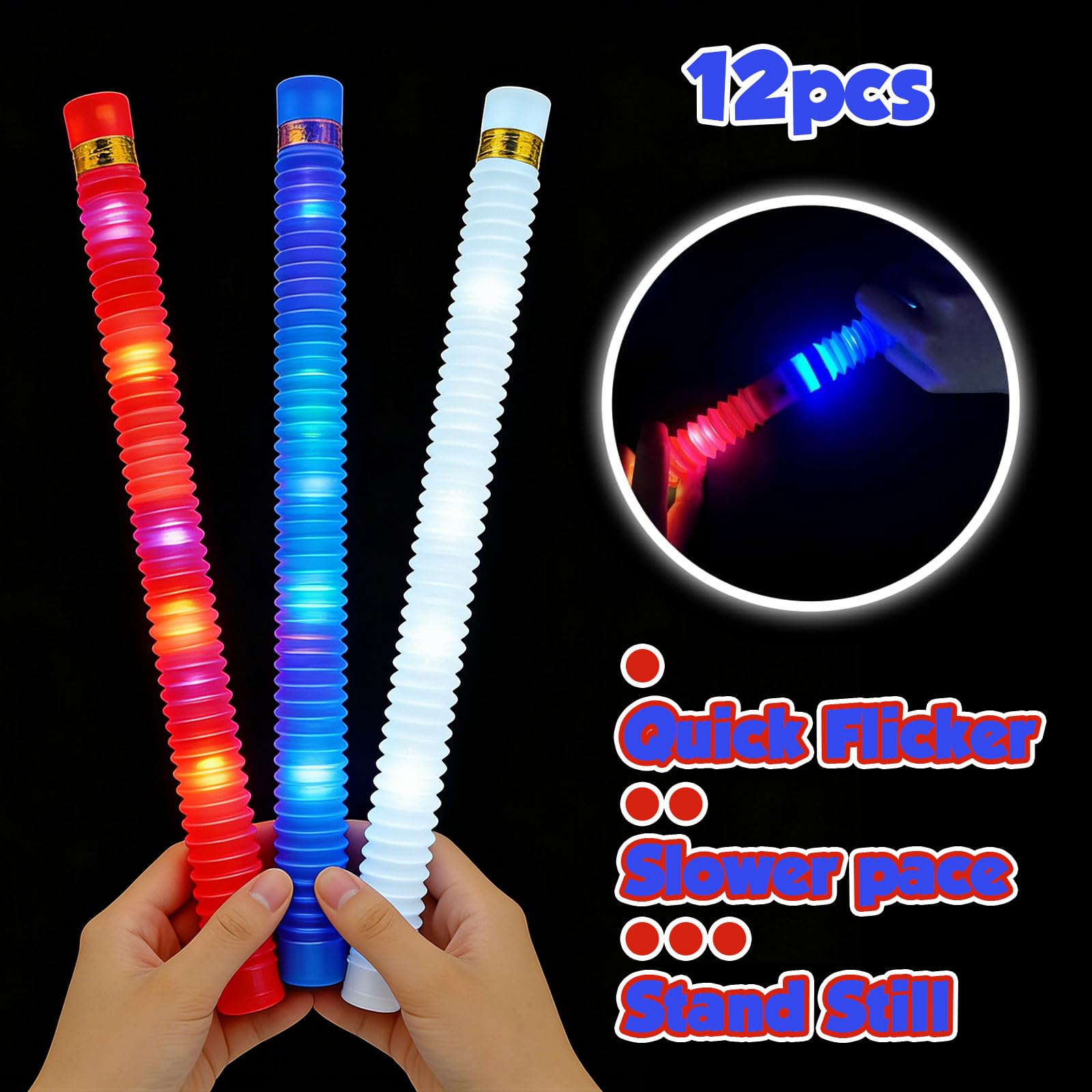 Juego de 12 varillas brillantes patrióticas rojas, blancas y azules para suministros de fiesta del 4 de julio, collares y pulseras que brillan en la oscuridad, decoraciones del Día de la