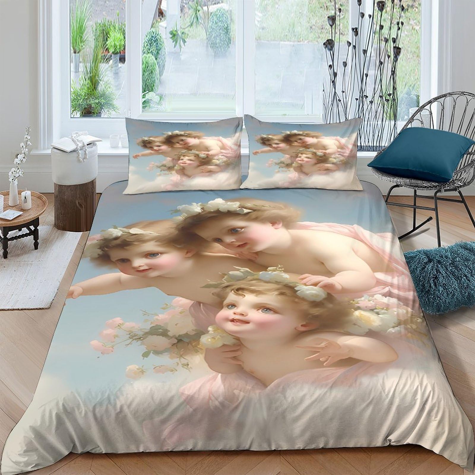 Ctjqhvkz Style-1 3D Printed Angel Cherub Fitted Sheet Microfiber Soft Pastel Bedroom Art Decor Renaissance Mattress Cover Single（135X200cm）