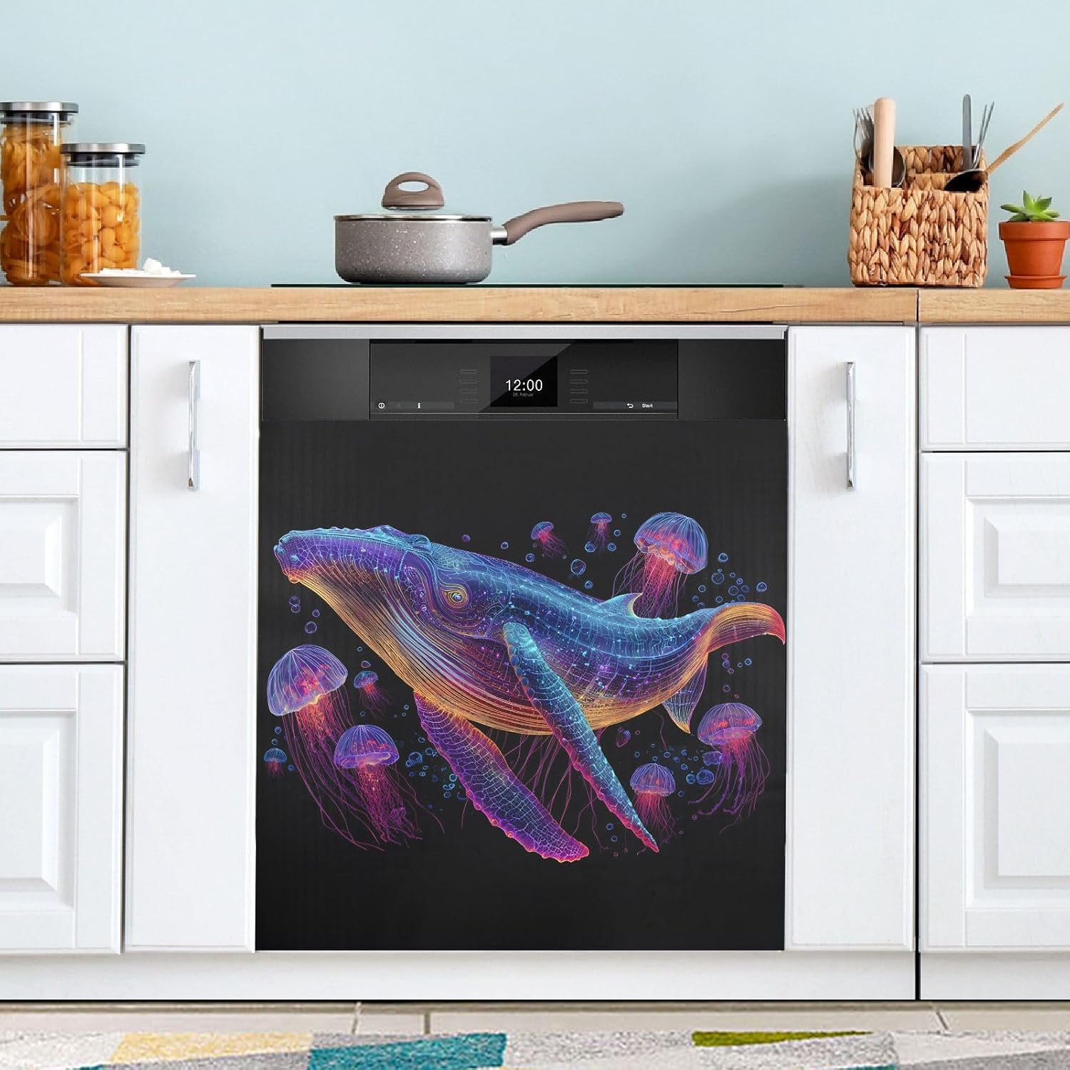 Dishwasher Magnet Cover Large Magnetic Stickers Glowing Whale Front Dishwasher Cover Reusable Decal for Home Kitchen Refrigerator Decorative Lid Washing Machine Laundry