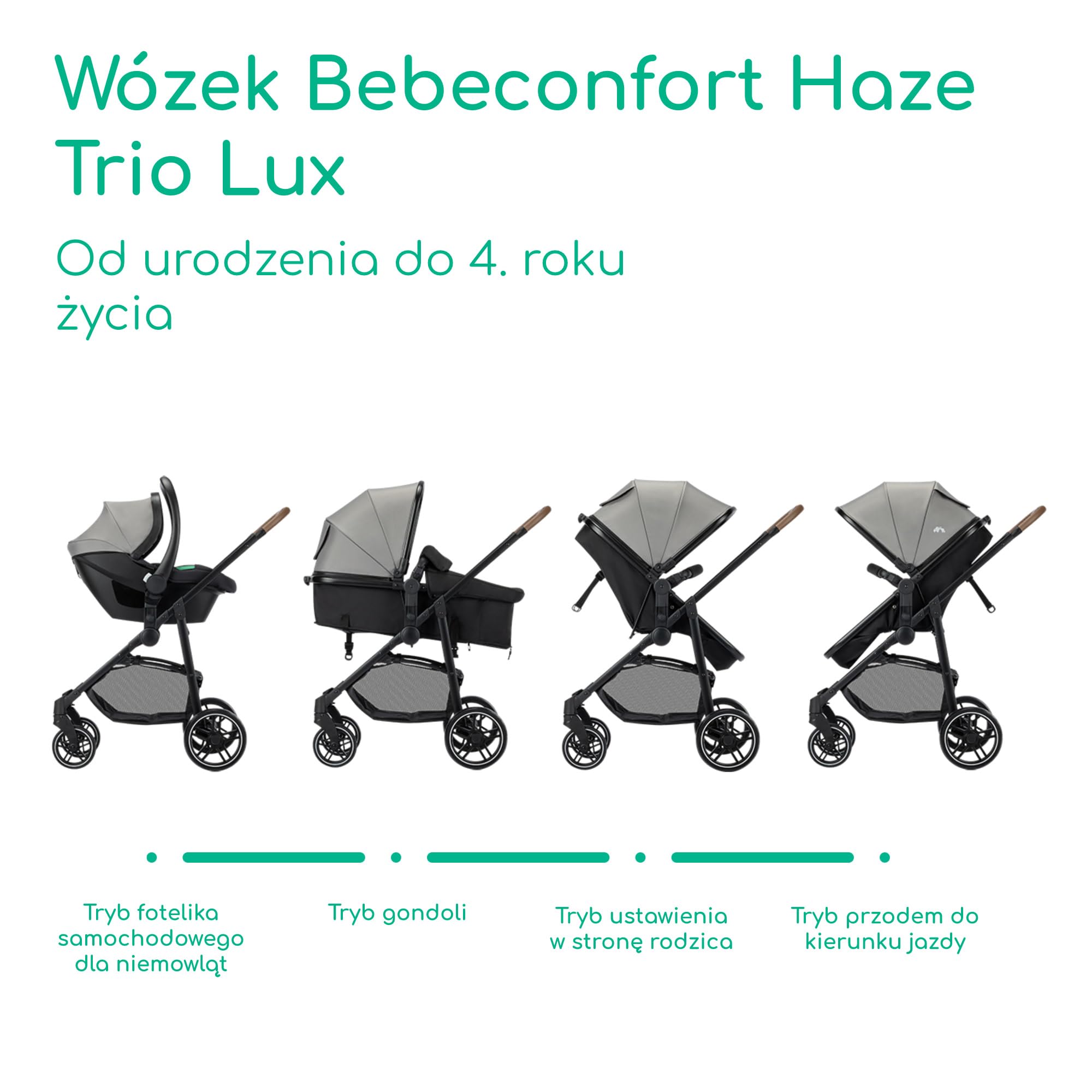Bebeconfort Haze Trio Lux, Wózek 3w1 (i-Size), 0-4 Lata (Maks. 22 Kg), Siedzisko 2w1, Oparcie Odchylane na Płasko, Kompaktowe Składanie, Lekki System Podróżny 3w1, Tinted Grey