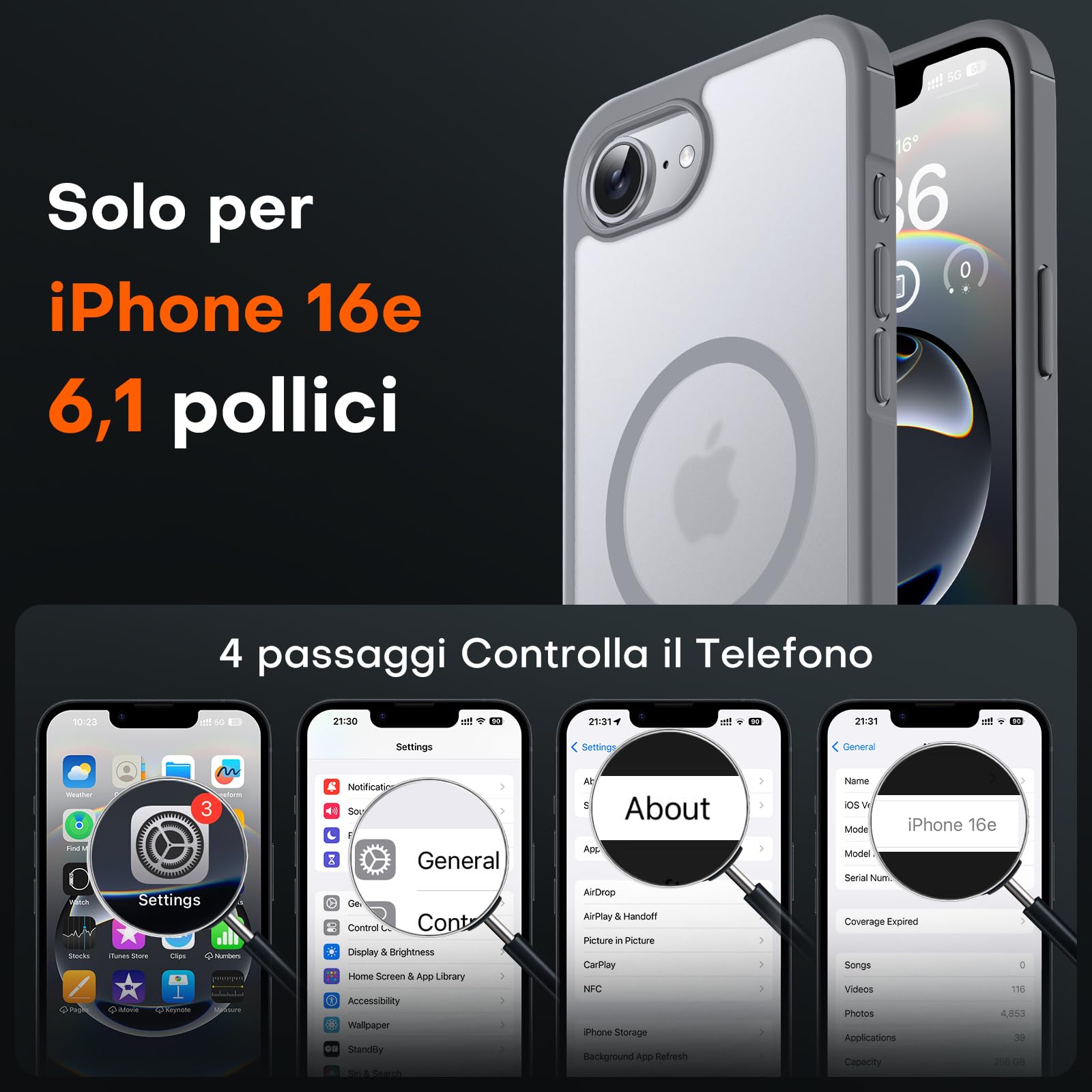 TOCOL Cover Magnetica per iPhone 16e 6,1 Pollic, Compatibile con MagSafe, Custodia Antiurto Traslucida Opaca, Titanio Grigio