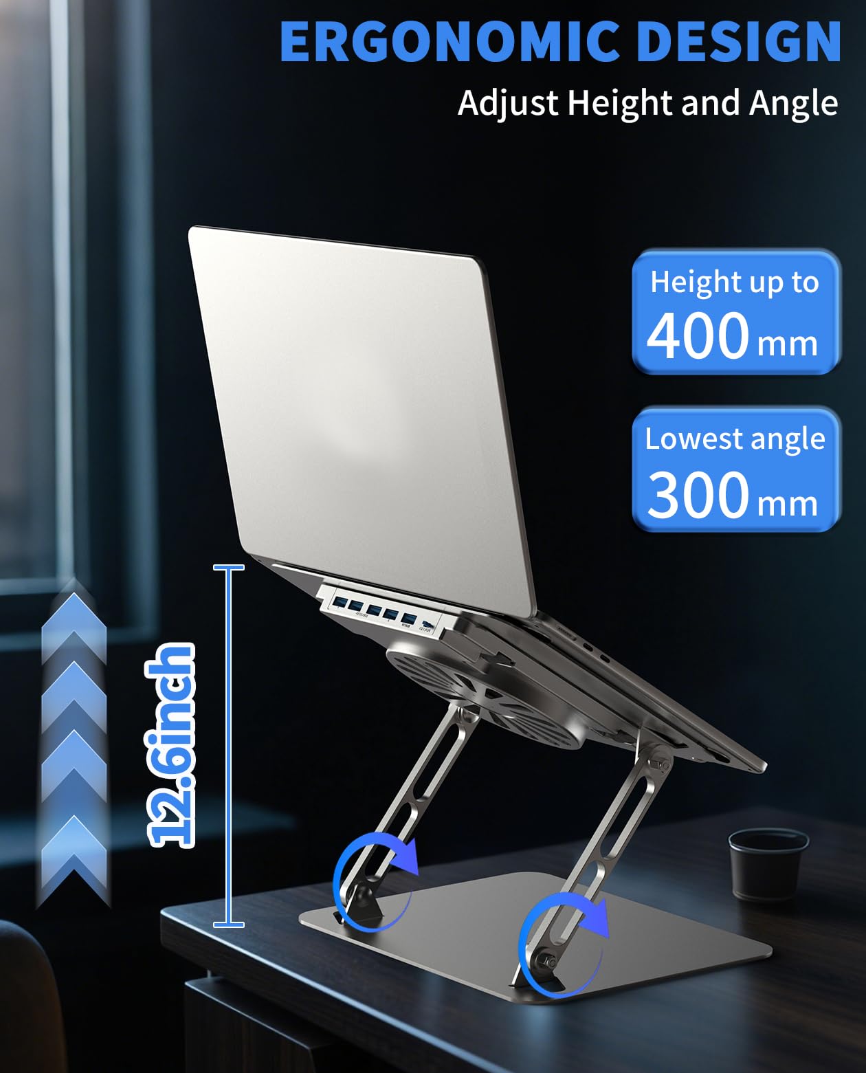 SOUNDANCE Tappetino di raffreddamento per laptop con ventola a basso rumore e hub USB 3.0, dispositivo di raffreddamento ventilato per prevenire il surriscaldamento, supporto ergonomico regolabile per