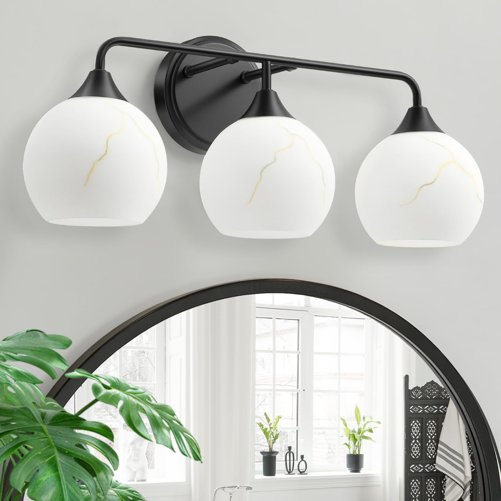 Photo 1 of Mieloxiy 3-Light Bathroom Vanity Light, Matte Black Mid Century Modern Globe Wall Sconce with Marble Glass Shades, E26 Base Lighting Fixture for Mirror, Powder Room