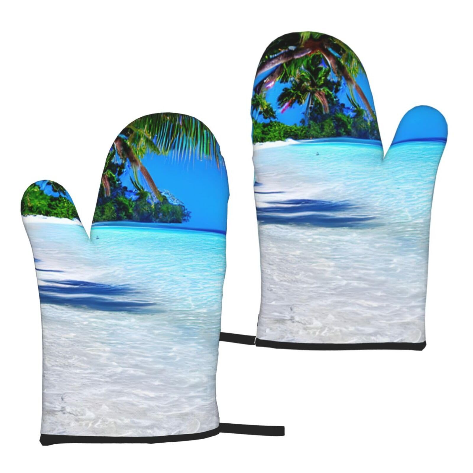 Nimongt Women's Black Tropical White Sand Beach And Ocean Print Adults Universal Fit Heat Resistant Oven Gloves Reusable Cooking Outdoor Grilling