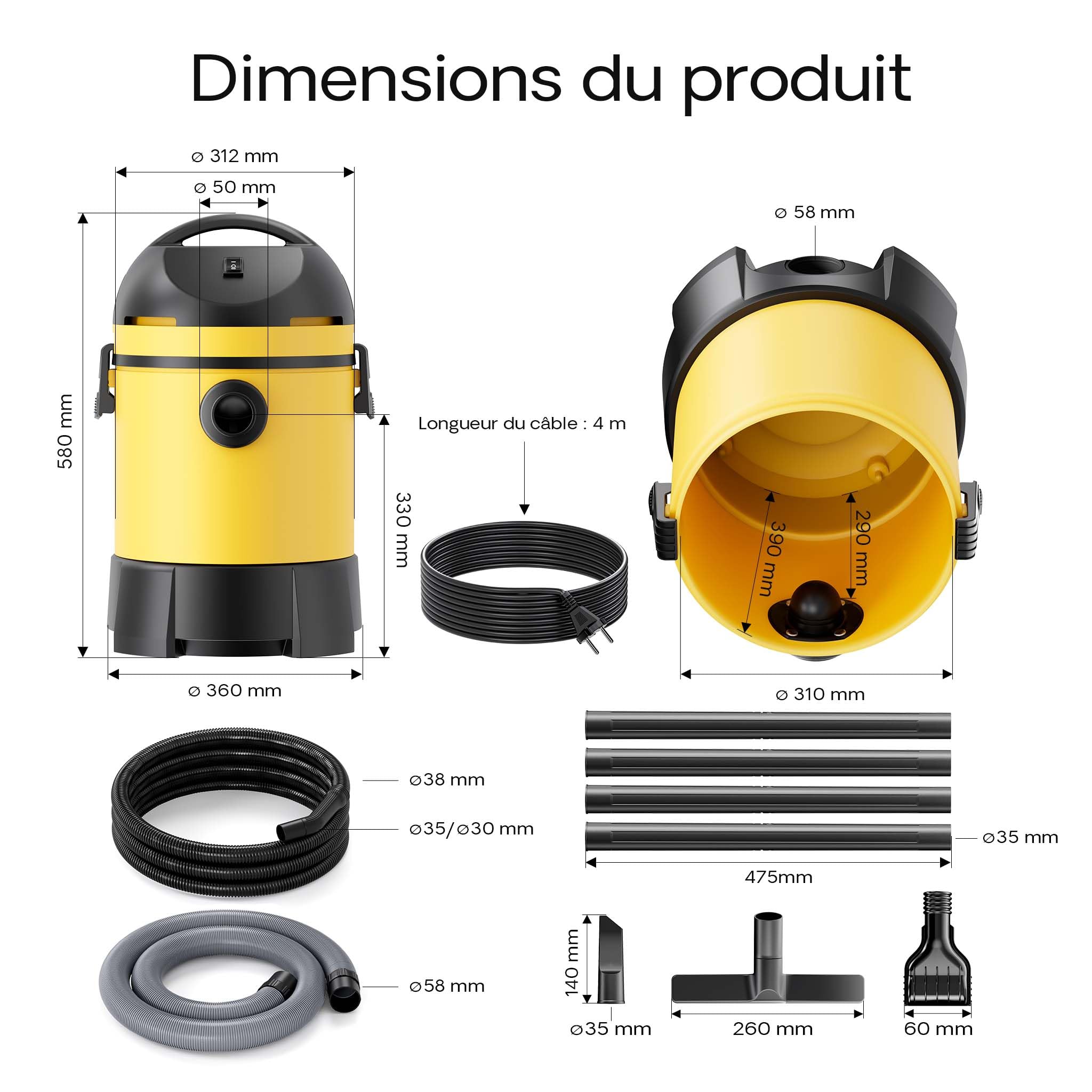 Wiltec Aspirateur Eau et Poussière de Bassin 1400 W 360 x 360 x 580 mm Humide et Sec avec Vidange Automatique