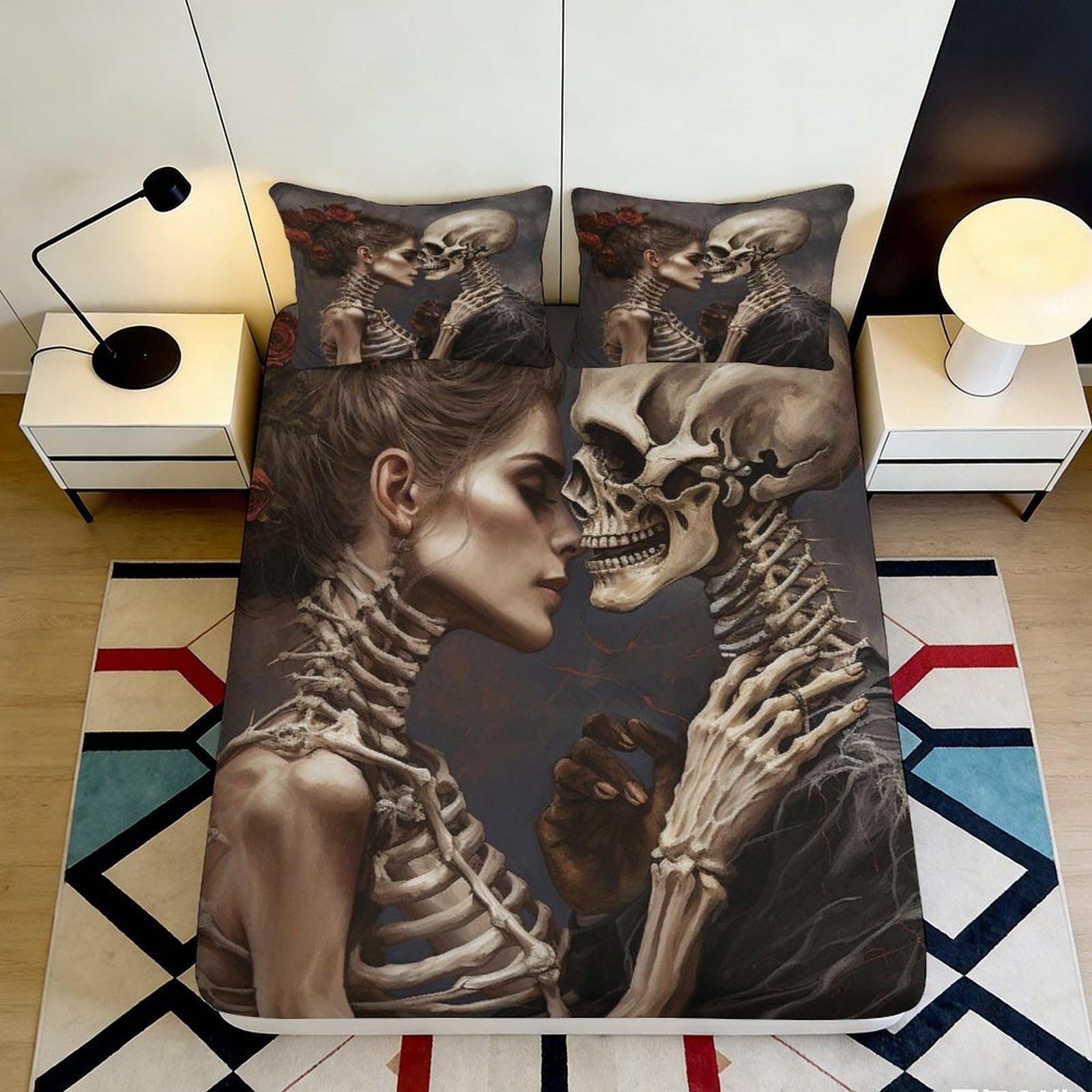 3D Printed Skeleton Couple Fitted Sheet Microfiber Dark Art Bed Cover for Bedroom Dorm Mattress Protection 90x200x25cm