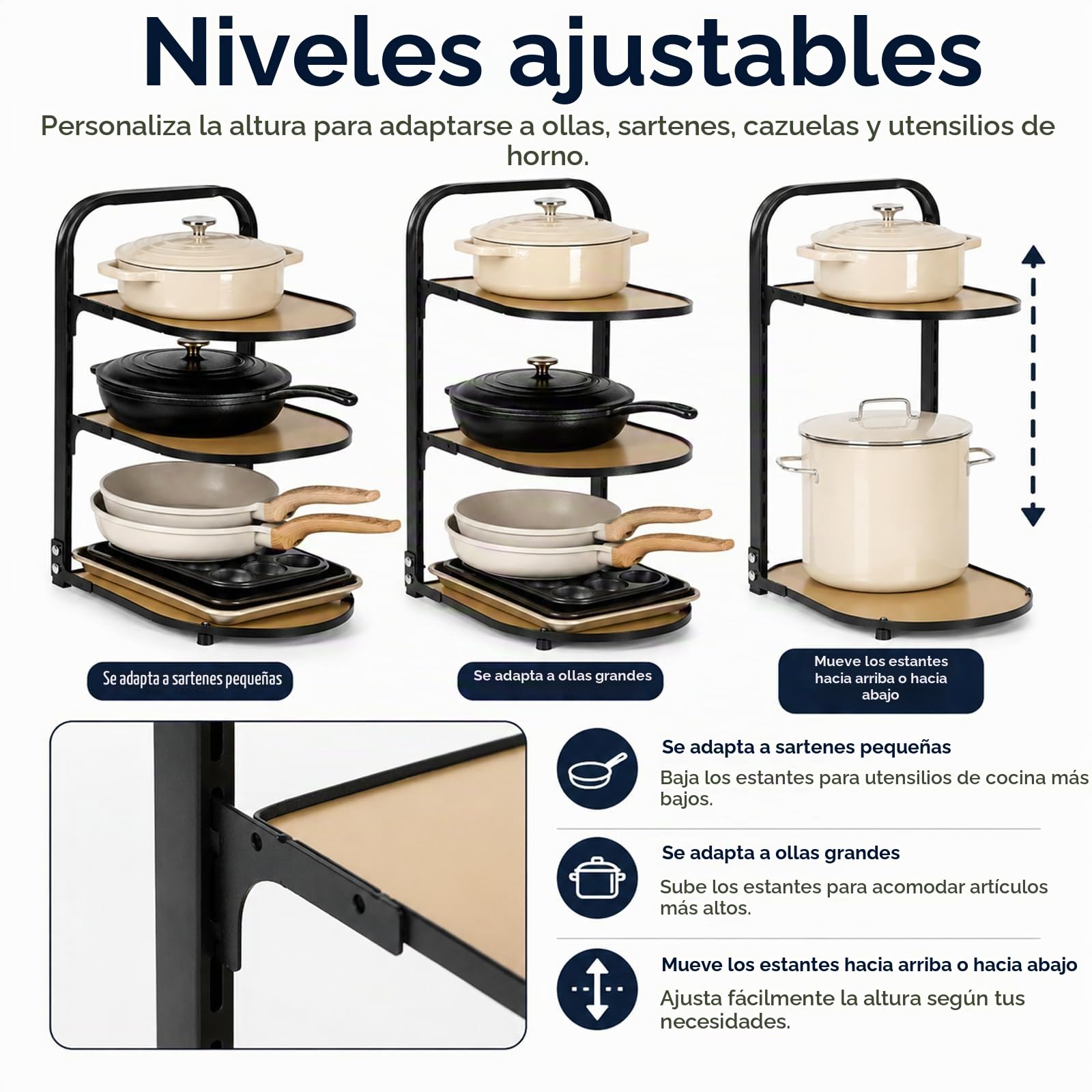 Organizador de sartenes para cocina, estante de cocina, sartén de cocina, estante de almacenamiento escalonado, estante de almacenamiento de 3 niveles ajustable para armario