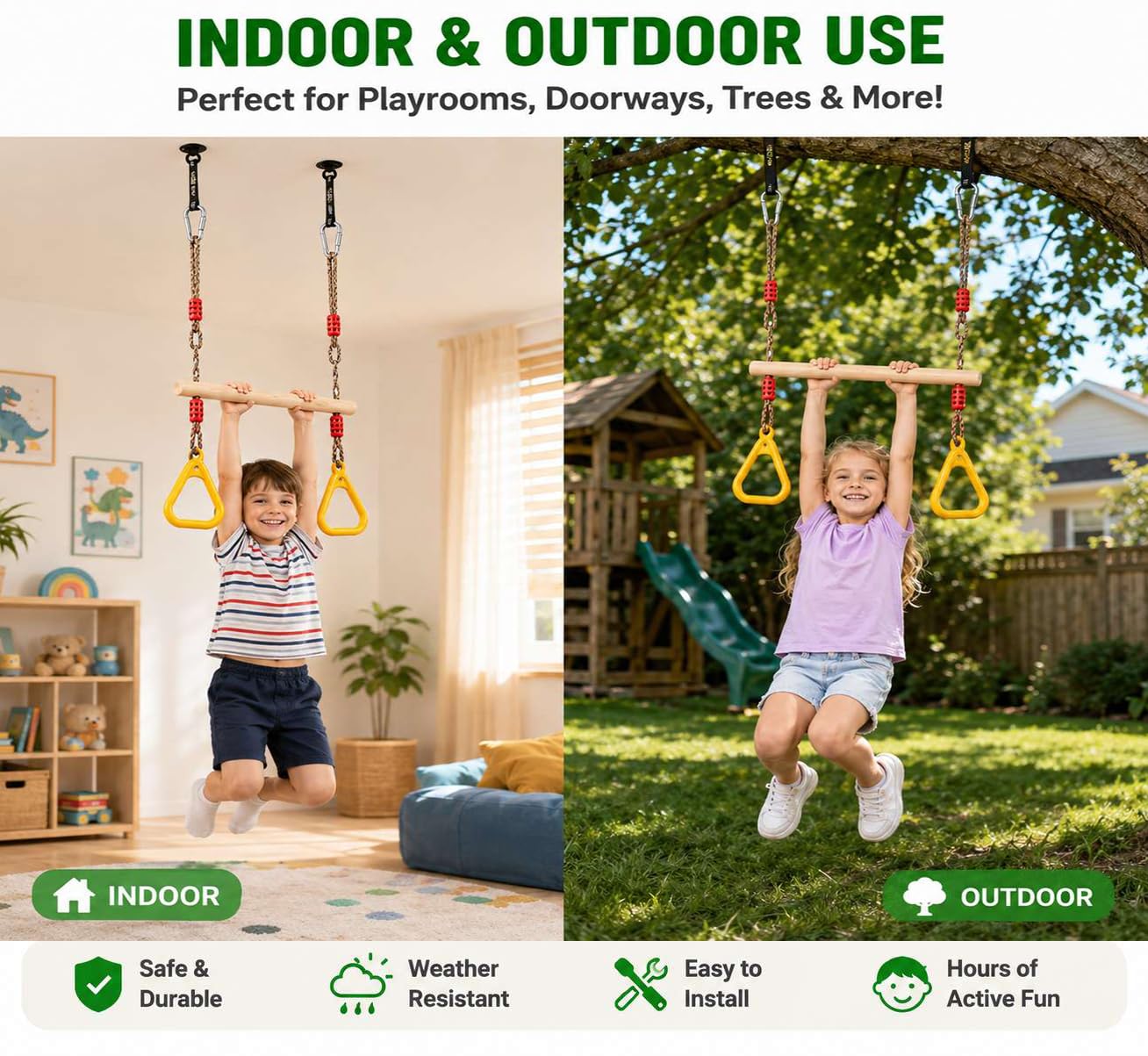 Multifunzionale Altalena a trapezio in legno, Morwealth Altalena Fitness Ring, con anelli in plastica anelli per ginnastica anelli per bambini fino a un carico di 120 kg