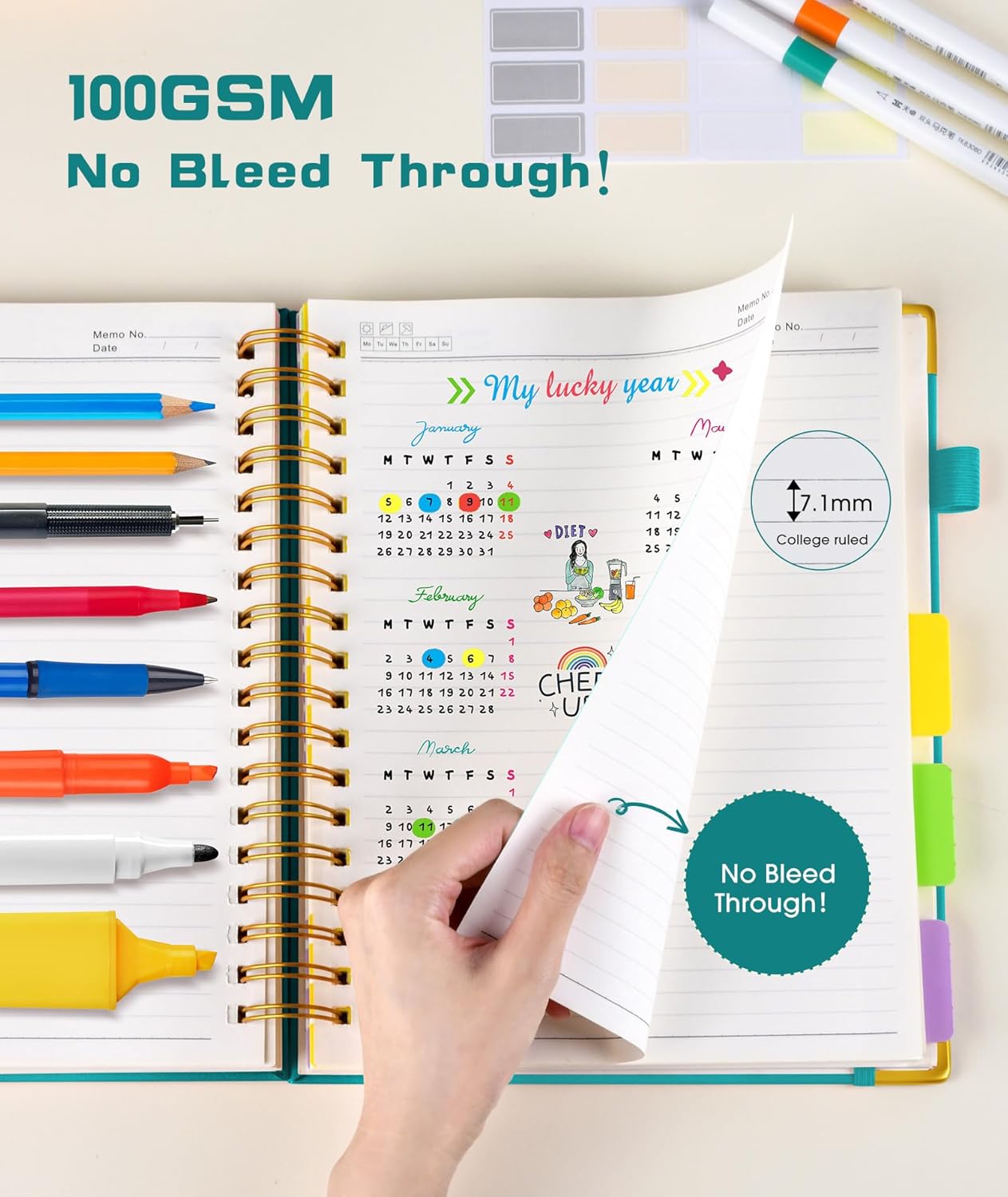 HHardcover Spiral Notebook 8.5"x11" Journal with Removable Dividers Tabs, 300 Pages Leather 5 Subject Notebook College Ruled, Large A4 Notebooks for Work School, Lined Journal for Women, A4 Blue