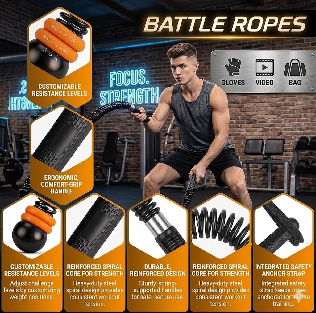 Cordless Weighted Battle Ropes, Adjustable Portable Ropeless Exercise Ropes with Storage Bag, Low-Impact Fitness Equipment for Strength Training & HIIT, Home Gym Use, for Men & Women, Black