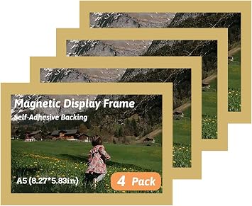 acdiac 4 Pack Magnetic Picture Frame Reusable A3-A6 Size Self-Adhesive Photo Magnets Frame Pockets For Refrigerator Wall Window Office Poster Store 4PackGold, A55.83 * 8.27inch