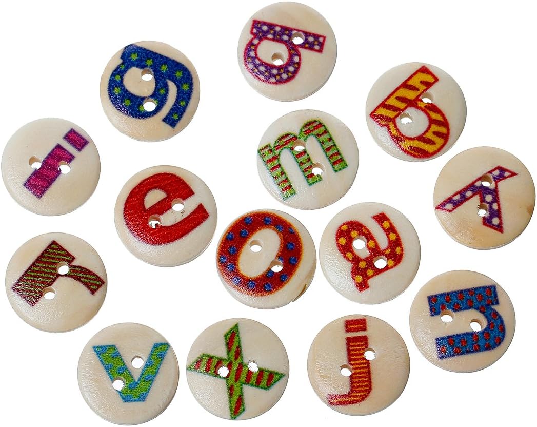 Rockin Beads Brand, 180 Wood Rockin Beads Sewing Buttons Scrapbooking Mixed Alphabet/LetterA-z Randum 2 Holes Mixed 15mm 3/5 Inch
