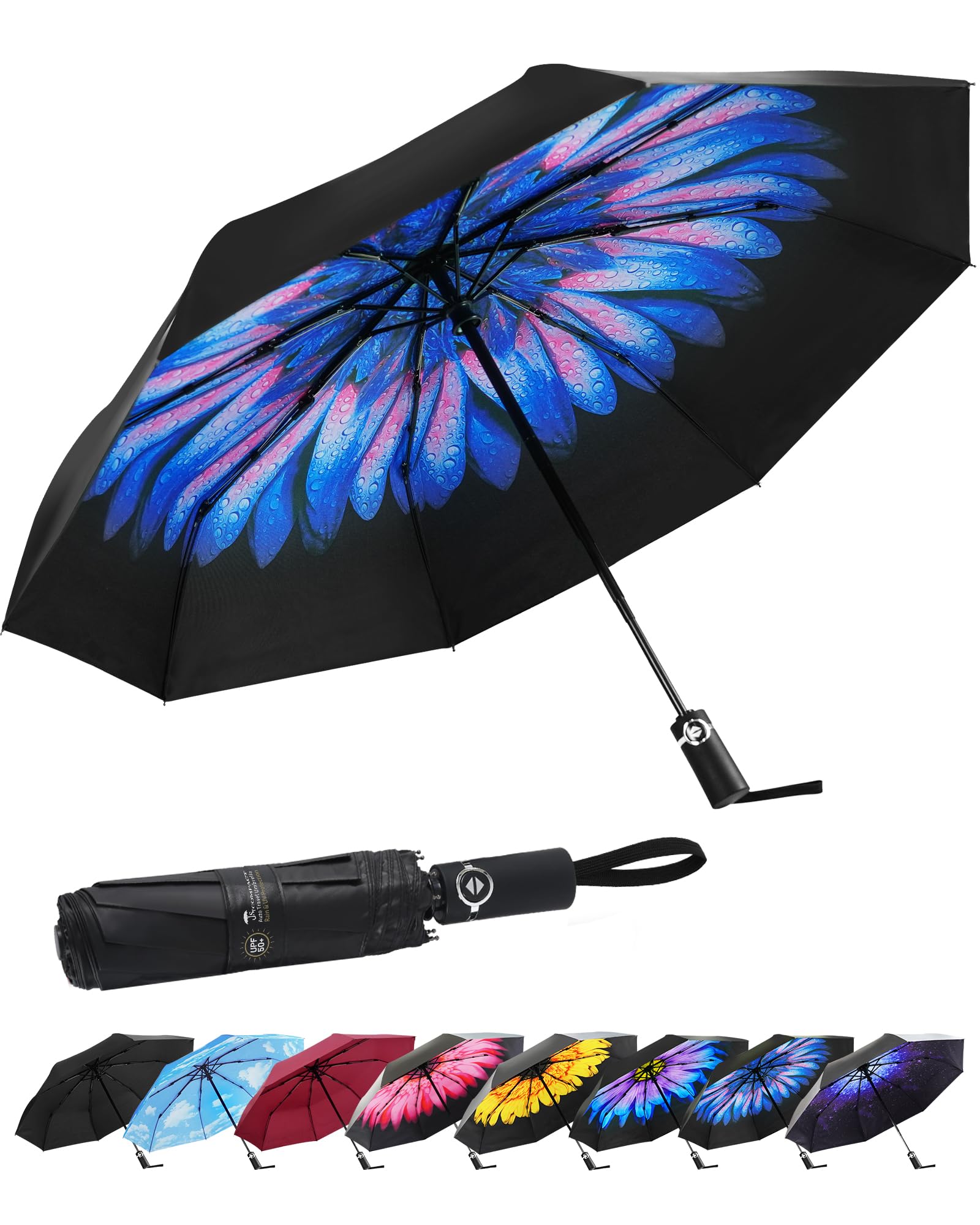SY COMPACT Travel Umbrella for Rain, Windproof Automatic Compact Umbrella, UV Sun Protection, Lightweight Waterproof Travel Size for Backpack & Car,