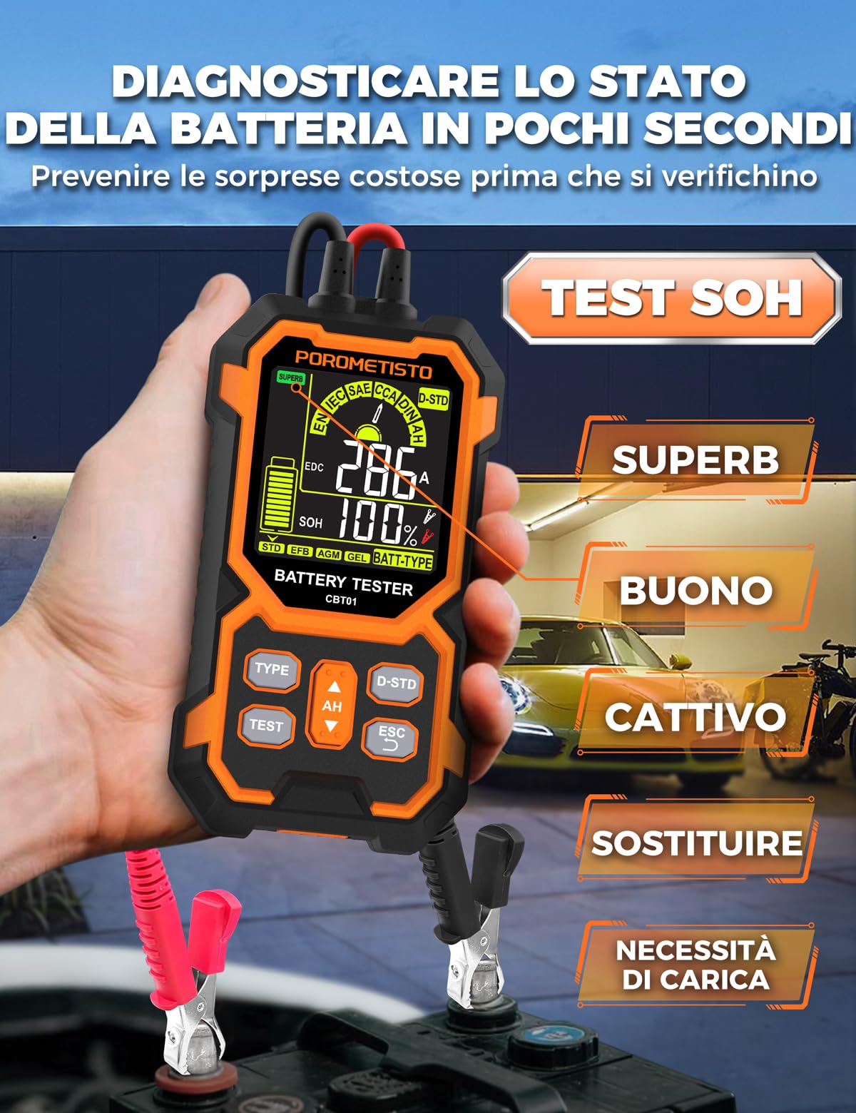 Tester Batteria Auto 12v/24v 50-1999 CCA,POROMETISTO Tester Batterie,Tester Batteria Auto per Veicoli/Auto/Moto/SUV,Può Misurare Tensione,Resistenza Interna,CCA, SOC,SOH,Per Fai Da Te e Professionisti