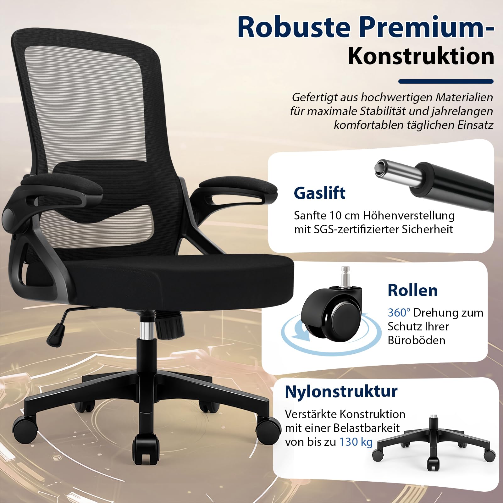 Ergonomischer Bürostuhl, Drehstuhl ohne Kopfstütze, 4D-Lendenstütze, Kappbare Armlehnen, Wippfunktion bis 125°, 90° arretierbar, höhenverstellbarer Schreibtischstuhl, 130 kg, Schwarz