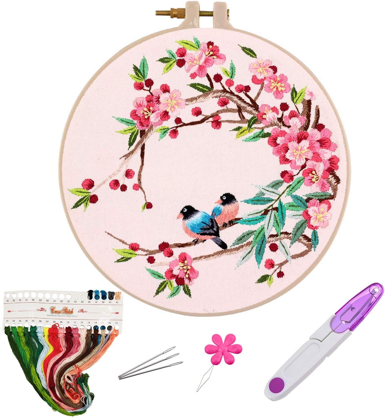 YOUYOUTE Embroidery Kits with Pattern for Beginners Starter (Birds and Cherry)
