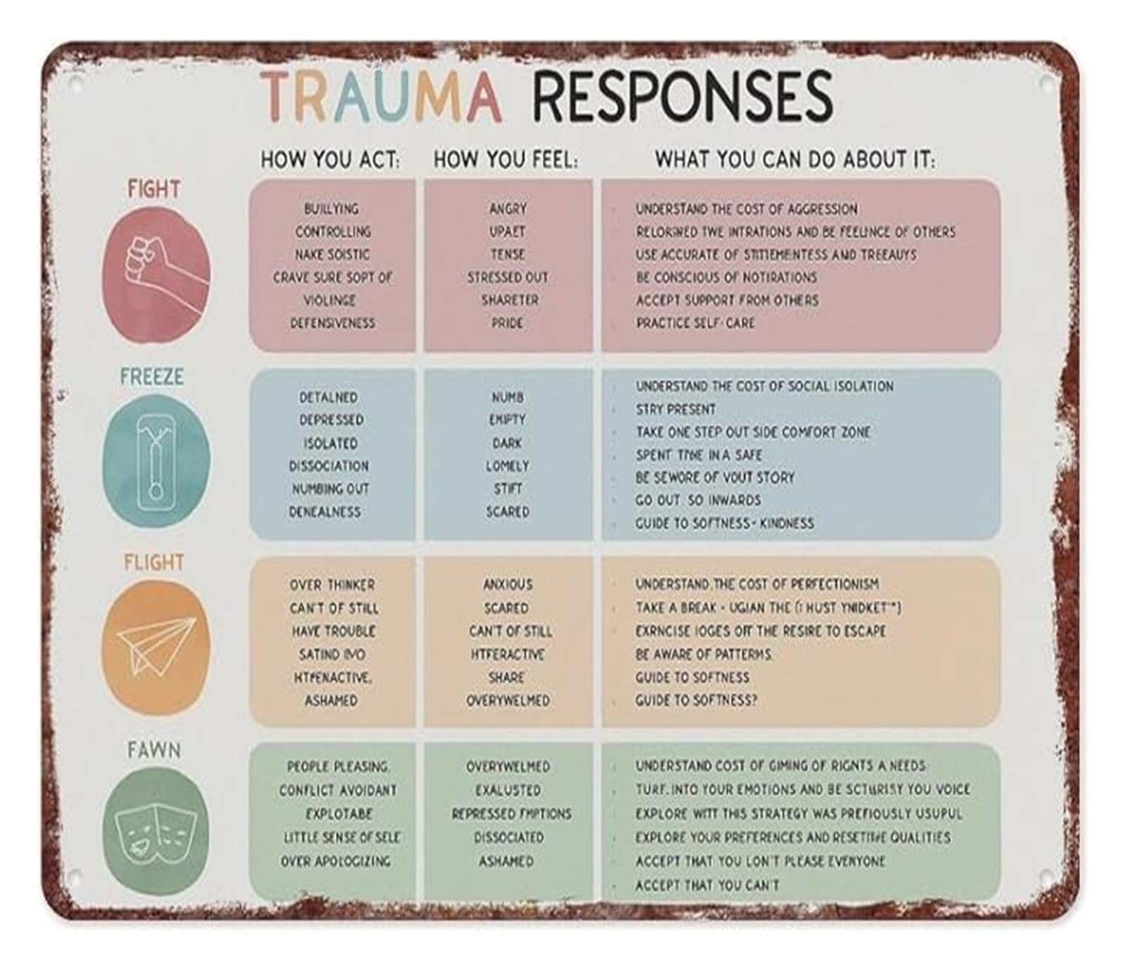 AUOQKQUT Trauma Responses Psychoeducation Aluminum Sign Metal Mental Health for Office Counselor Decor 8 X 12 in