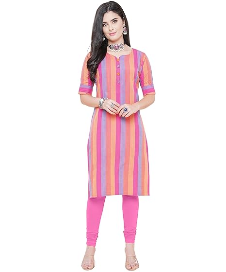 Cotton Weaved Fabric Multi Striped Sweetheart Neck Style with Buttons Short Kurti for Women and Girls - Half Sleeve Women's Kurta