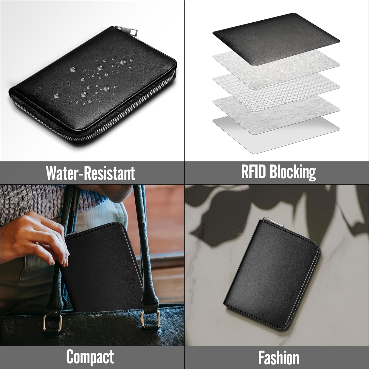 Cartera de cuero genuino para pasaporte, funda de bloqueo RFID con cierre de cremallera y 3 bolsillos para pasaporte, Negro, Vintage