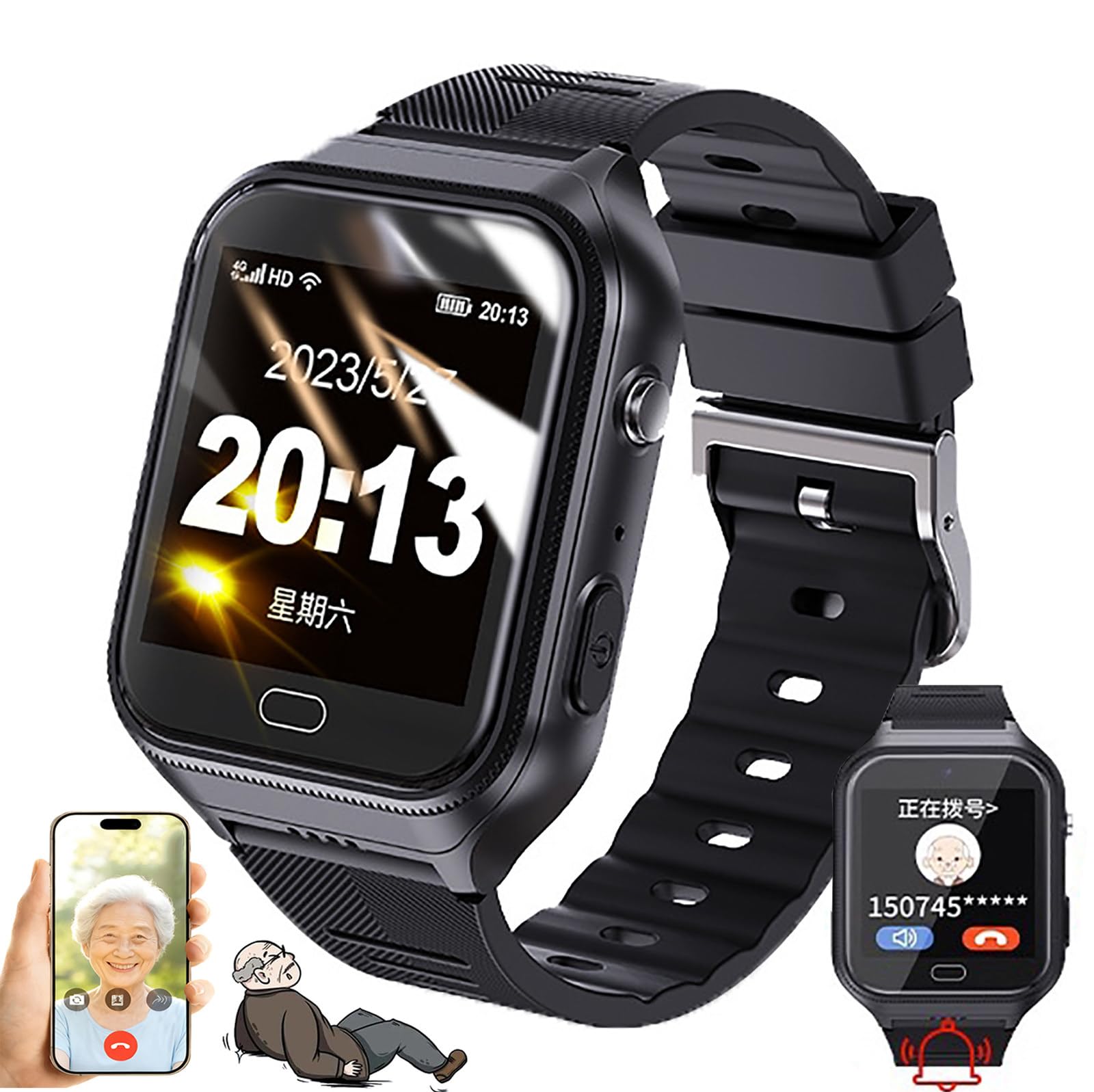 Orologio per anziani con rilevamento di cadute, 4 G Smart Watch con rilevamento di cadute, localizzatore GPS, chiamata di emergenza SOS, chiamate bidirezionali HD, impermeabile IP67