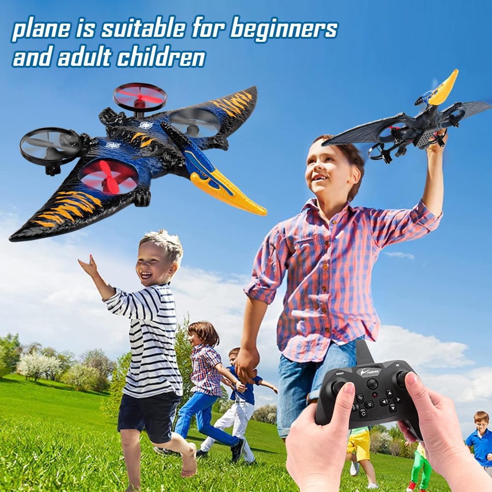 Dinosaur Remote Control Drone, 2.4G EPP Foam RC Pterodactyl Hobby RC Airplanes with 6-Axis Gyro, One Key Takeoff Landing, Stunt Roll & 360 Flip, Fighter Jet Toy Christmas Birthday Gift for Boys Girls