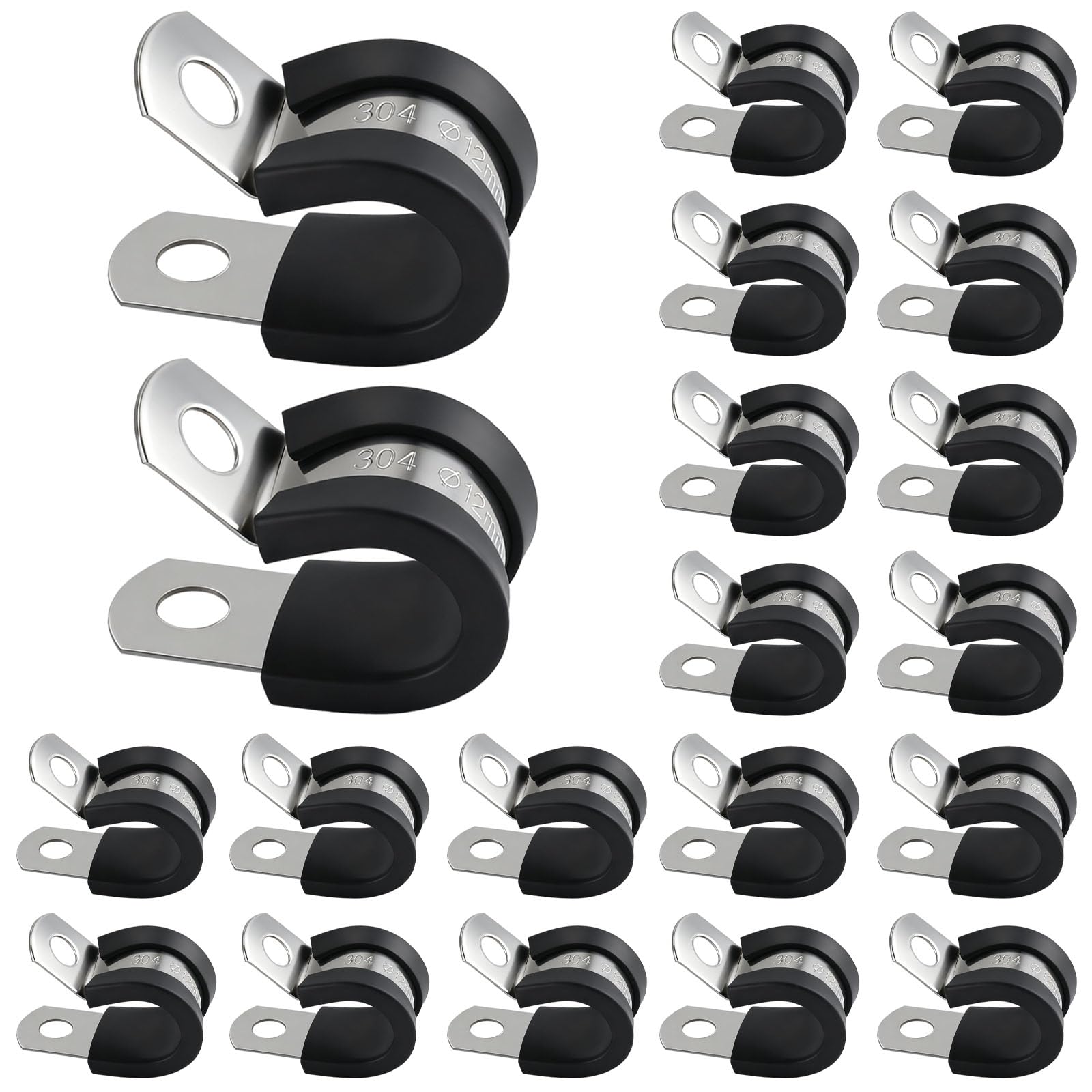 20Pcs Cable Clamp 12mm, 304 Stainless Steel Rubber Lined P Clips (12mm)