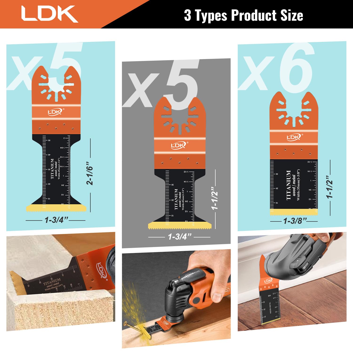 LDK 16 cuchillas oscilantes de titanio, cuchillas multiherramienta universales profesionales para madera, plásticos, pernos de clavos de metal, kits de cuchillas multiherramienta de liberación rápida