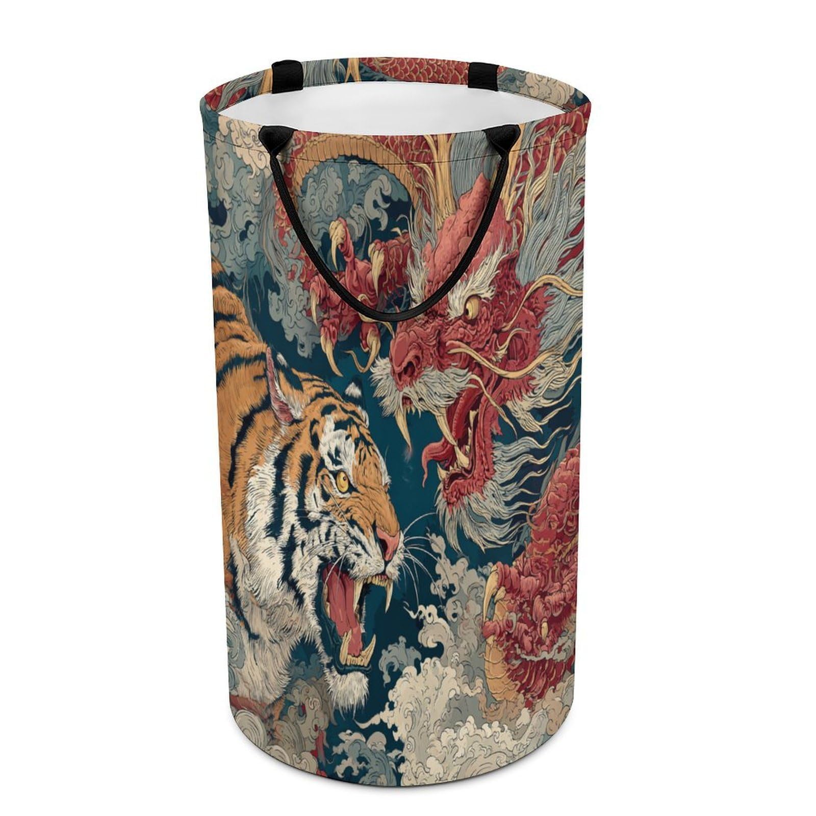 LUYYSKY Vintage Classic Tiger Dragon Versatile Storage Laundry Basket, Abstract Antique Japanese Mythical Animal Tiger Dragon Ocean Waves Large Bathroom Hamper With Handle-40 CM Dia, 69 CM High