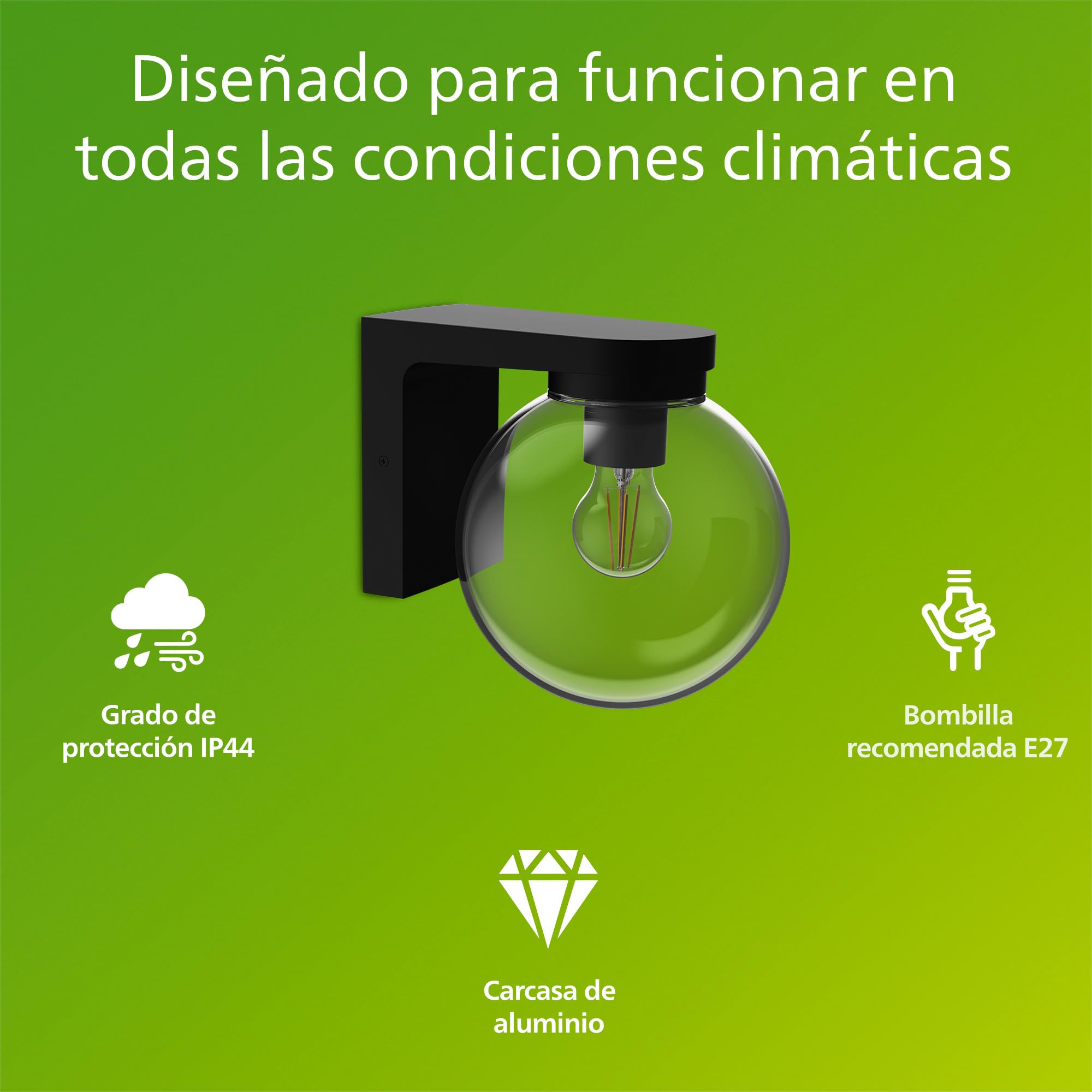 Philips Ulio Aplique de Pared Exterior + Bombilla LED E27, Luz Blanca Cálida, IP44 Resistente a la Intemperie, Duradera, Aluminio y Cristal, Diseño Moderno, Color Negro
