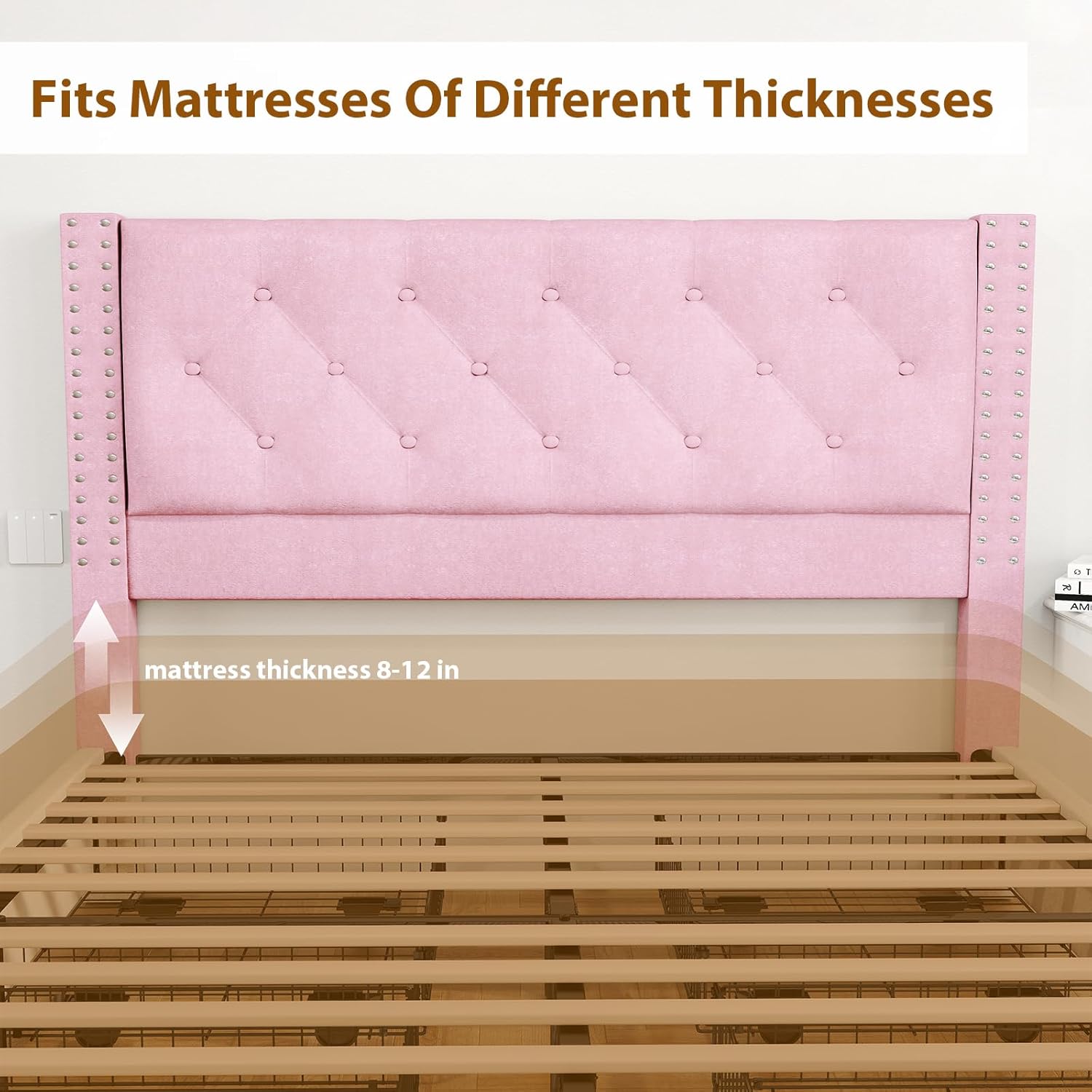 Full Size Bed Frame with 4 Storage Drawers, Upholstered Headboard with Button-Tufted Design, Heavy-Duty Metal Structure & Wood Slats Support, No Box Spring Needed, Easy Assembly(Pink)