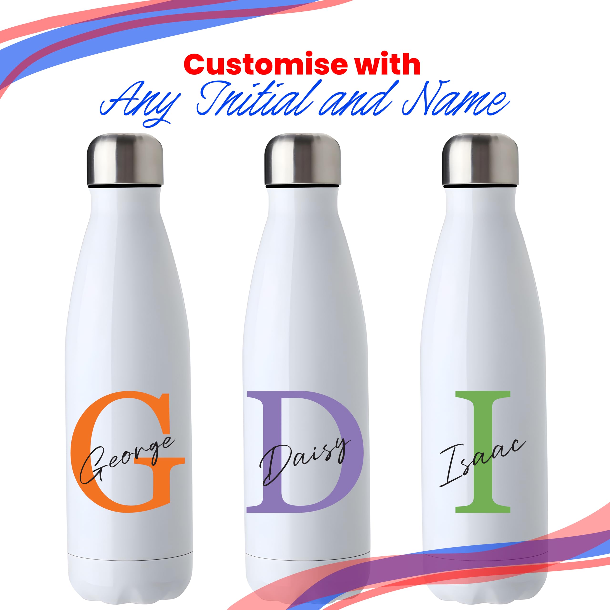 Personalisierte Wasserflasche 500 ml, individuelles Initialen- und Schriftnamen-Overlay-Design mit Farbauswahl, Edelstahl-Getränkeflasche, Geschenkbox inklusive, personalisiertes Geschenk für Kinder