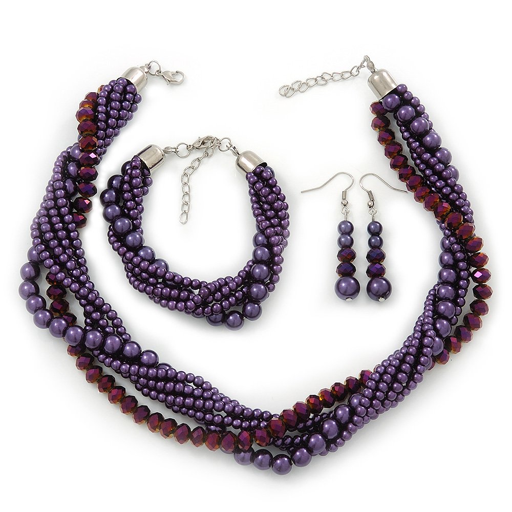 Collar de perlas de cristal imitación morado con pulsera y pendientes 34 cm 8