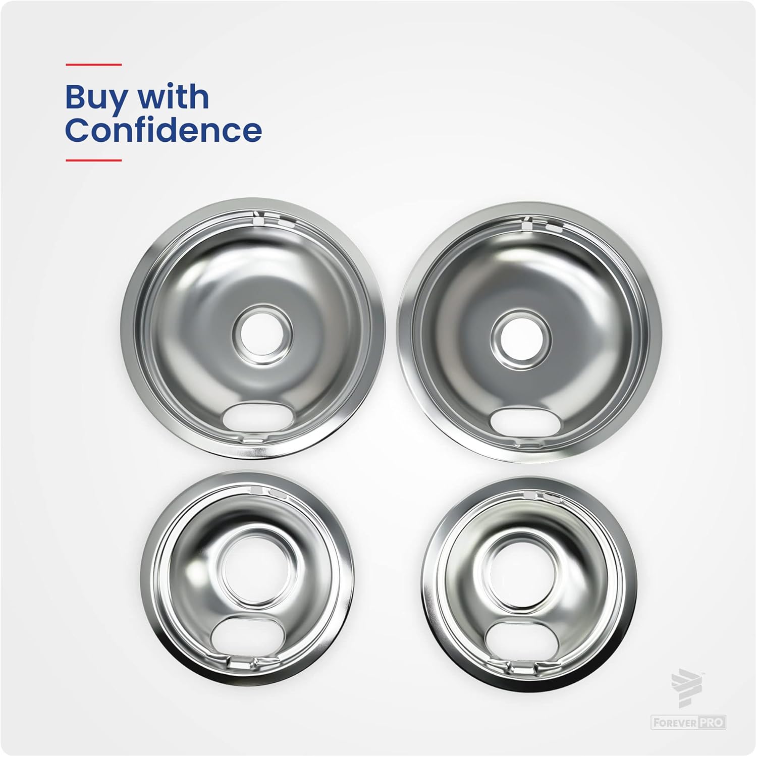 ForeverPRO W10278125 Electric Stove Drip Pans Replacement - 4 Pack Chrome Plated Universal Stove Drip Pans for Electric Stove Top, 2 Small 6" and 2 Big 8" Pans, Compatible with Whirlpool Drip Pans